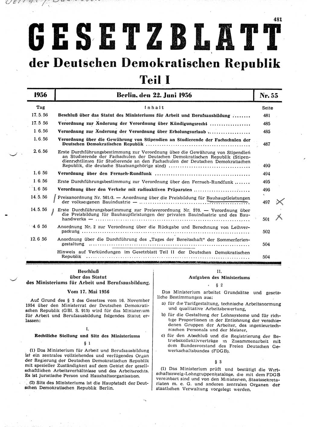Gesetzblatt (GBl.) der Deutschen Demokratischen Republik (DDR) Teil Ⅰ 1956, Seite 481 (GBl. DDR Ⅰ 1956, S. 481)