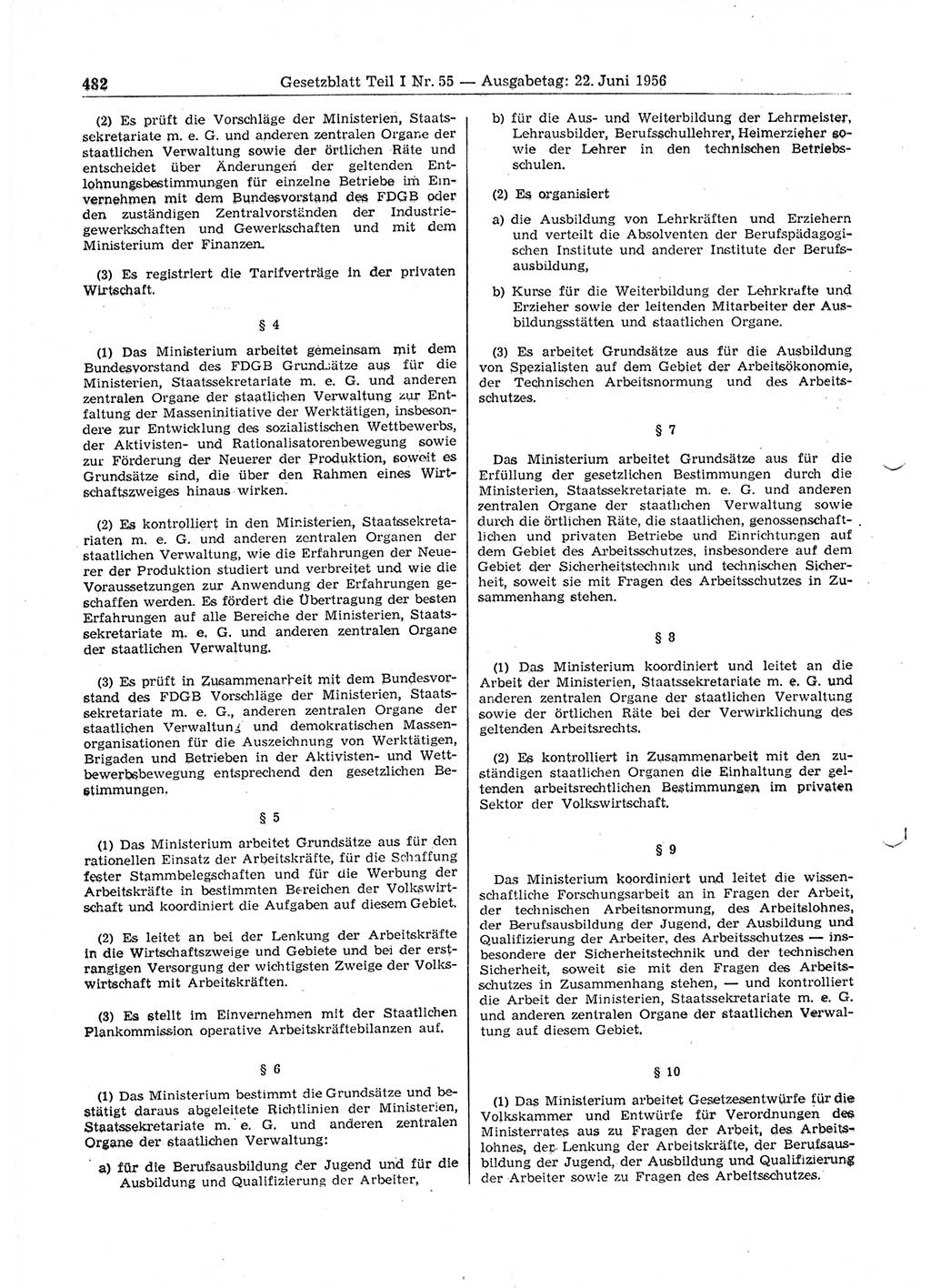 Gesetzblatt (GBl.) der Deutschen Demokratischen Republik (DDR) Teil Ⅰ 1956, Seite 482 (GBl. DDR Ⅰ 1956, S. 482)