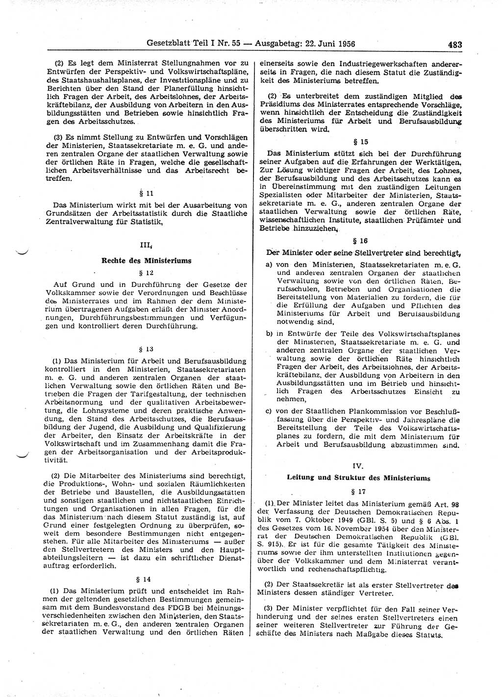 Gesetzblatt (GBl.) der Deutschen Demokratischen Republik (DDR) Teil Ⅰ 1956, Seite 483 (GBl. DDR Ⅰ 1956, S. 483)