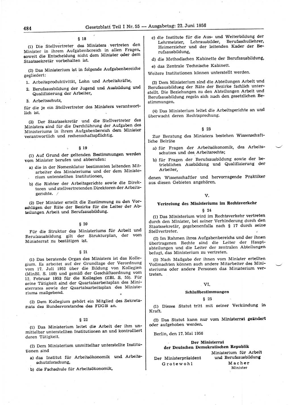 Gesetzblatt (GBl.) der Deutschen Demokratischen Republik (DDR) Teil Ⅰ 1956, Seite 484 (GBl. DDR Ⅰ 1956, S. 484)
