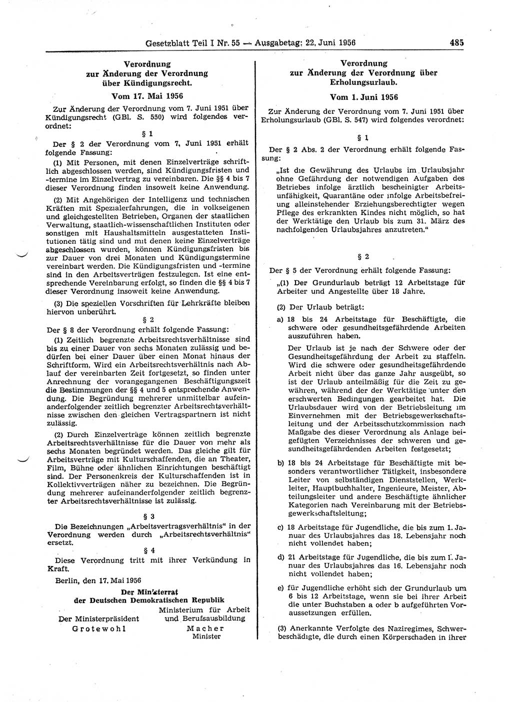 Gesetzblatt (GBl.) der Deutschen Demokratischen Republik (DDR) Teil Ⅰ 1956, Seite 485 (GBl. DDR Ⅰ 1956, S. 485)