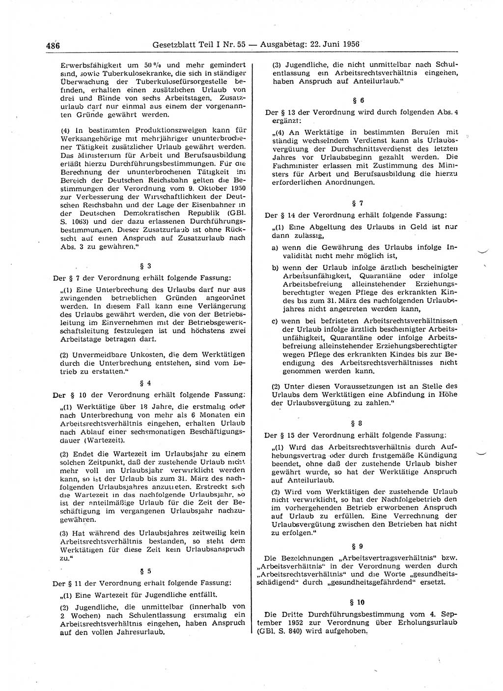 Gesetzblatt (GBl.) der Deutschen Demokratischen Republik (DDR) Teil Ⅰ 1956, Seite 486 (GBl. DDR Ⅰ 1956, S. 486)