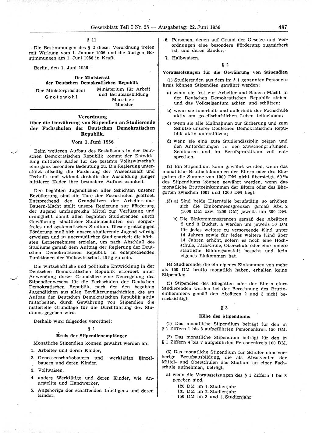 Gesetzblatt (GBl.) der Deutschen Demokratischen Republik (DDR) Teil Ⅰ 1956, Seite 487 (GBl. DDR Ⅰ 1956, S. 487)