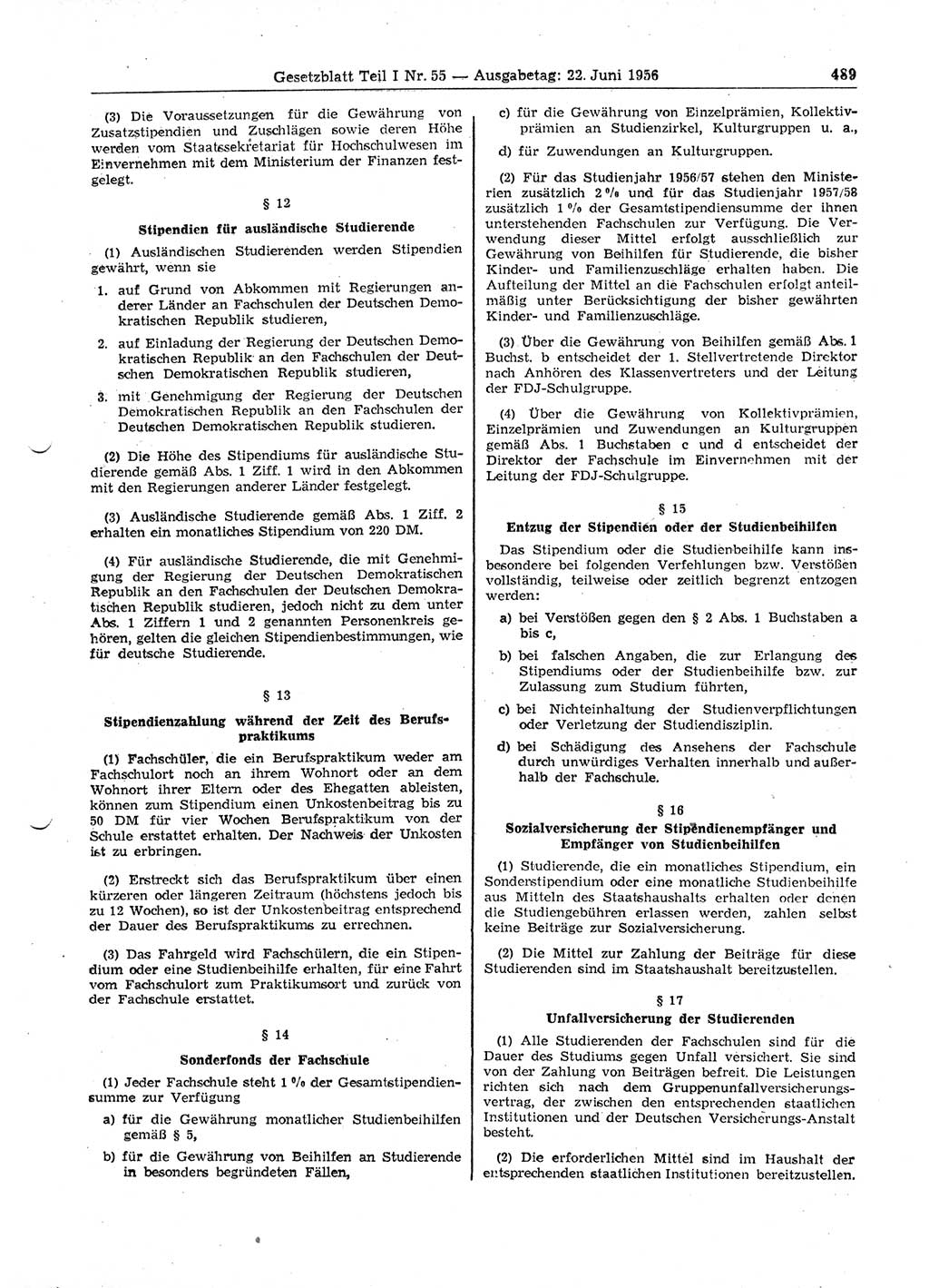 Gesetzblatt (GBl.) der Deutschen Demokratischen Republik (DDR) Teil Ⅰ 1956, Seite 489 (GBl. DDR Ⅰ 1956, S. 489)