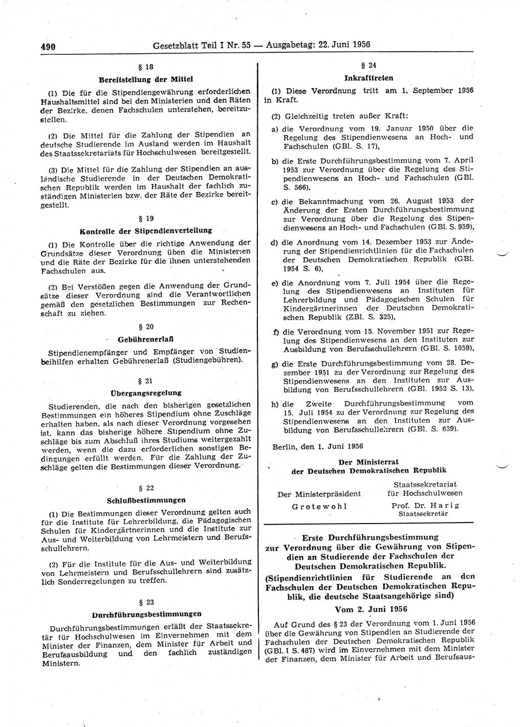 Gesetzblatt (GBl.) der Deutschen Demokratischen Republik (DDR) Teil Ⅰ 1956, Seite 490 (GBl. DDR Ⅰ 1956, S. 490)