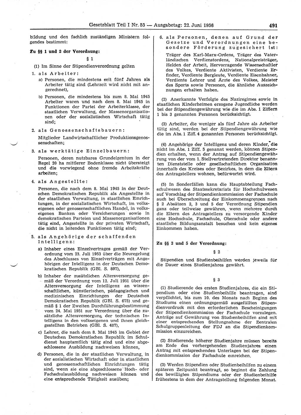 Gesetzblatt (GBl.) der Deutschen Demokratischen Republik (DDR) Teil Ⅰ 1956, Seite 491 (GBl. DDR Ⅰ 1956, S. 491)