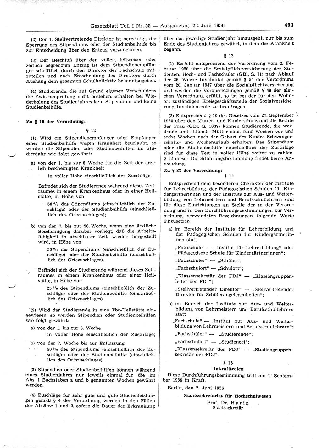 Gesetzblatt (GBl.) der Deutschen Demokratischen Republik (DDR) Teil Ⅰ 1956, Seite 493 (GBl. DDR Ⅰ 1956, S. 493)