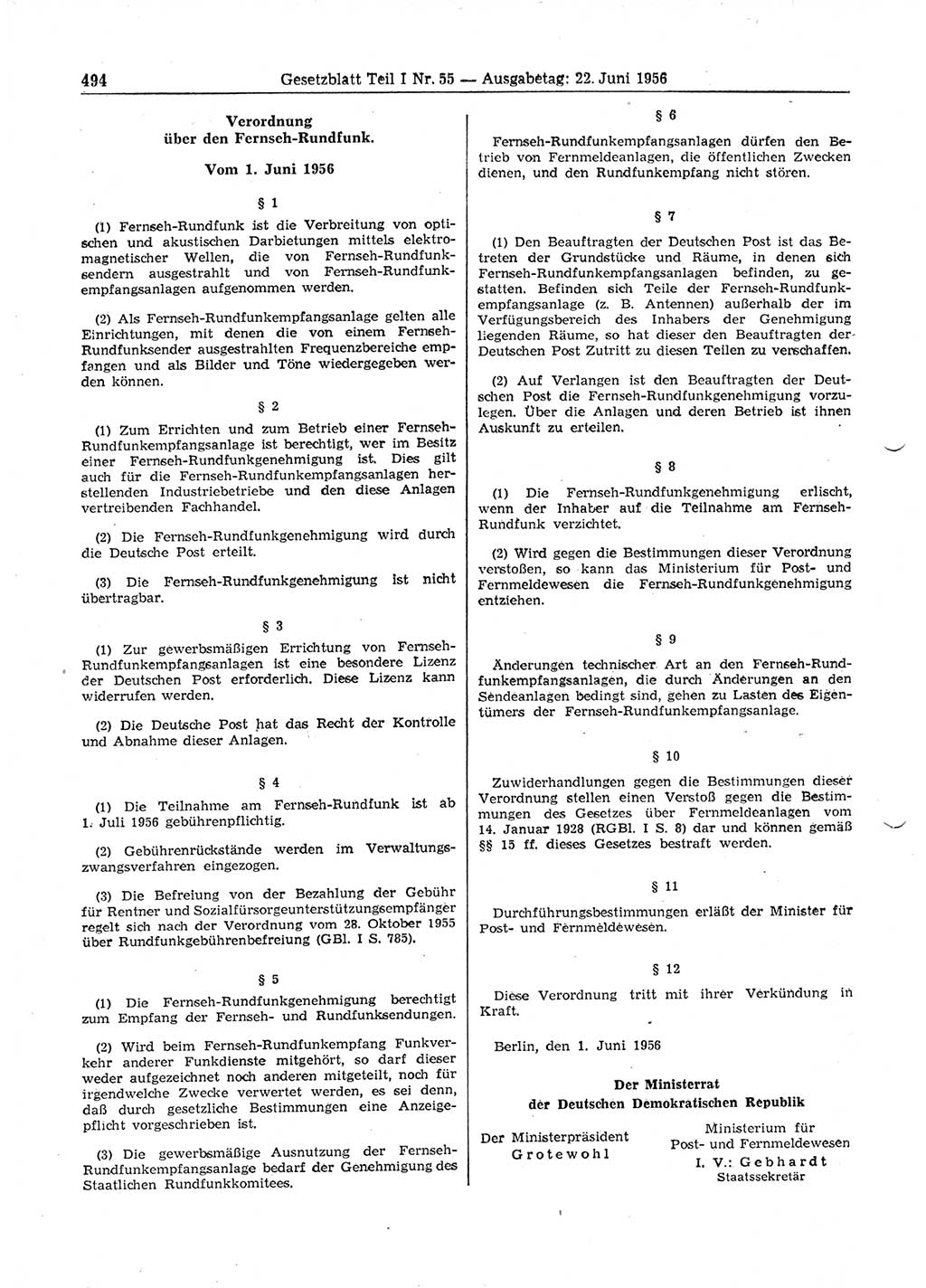 Gesetzblatt (GBl.) der Deutschen Demokratischen Republik (DDR) Teil Ⅰ 1956, Seite 494 (GBl. DDR Ⅰ 1956, S. 494)