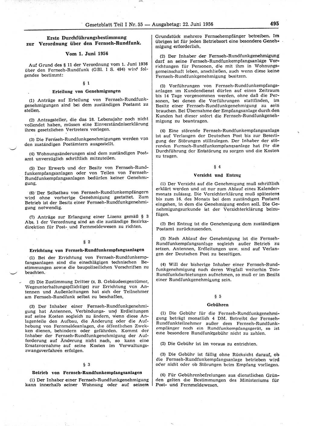 Gesetzblatt (GBl.) der Deutschen Demokratischen Republik (DDR) Teil Ⅰ 1956, Seite 495 (GBl. DDR Ⅰ 1956, S. 495)
