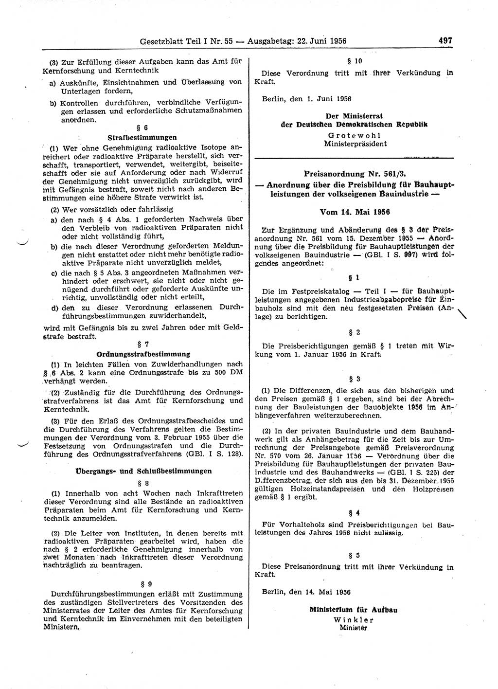 Gesetzblatt (GBl.) der Deutschen Demokratischen Republik (DDR) Teil Ⅰ 1956, Seite 497 (GBl. DDR Ⅰ 1956, S. 497)