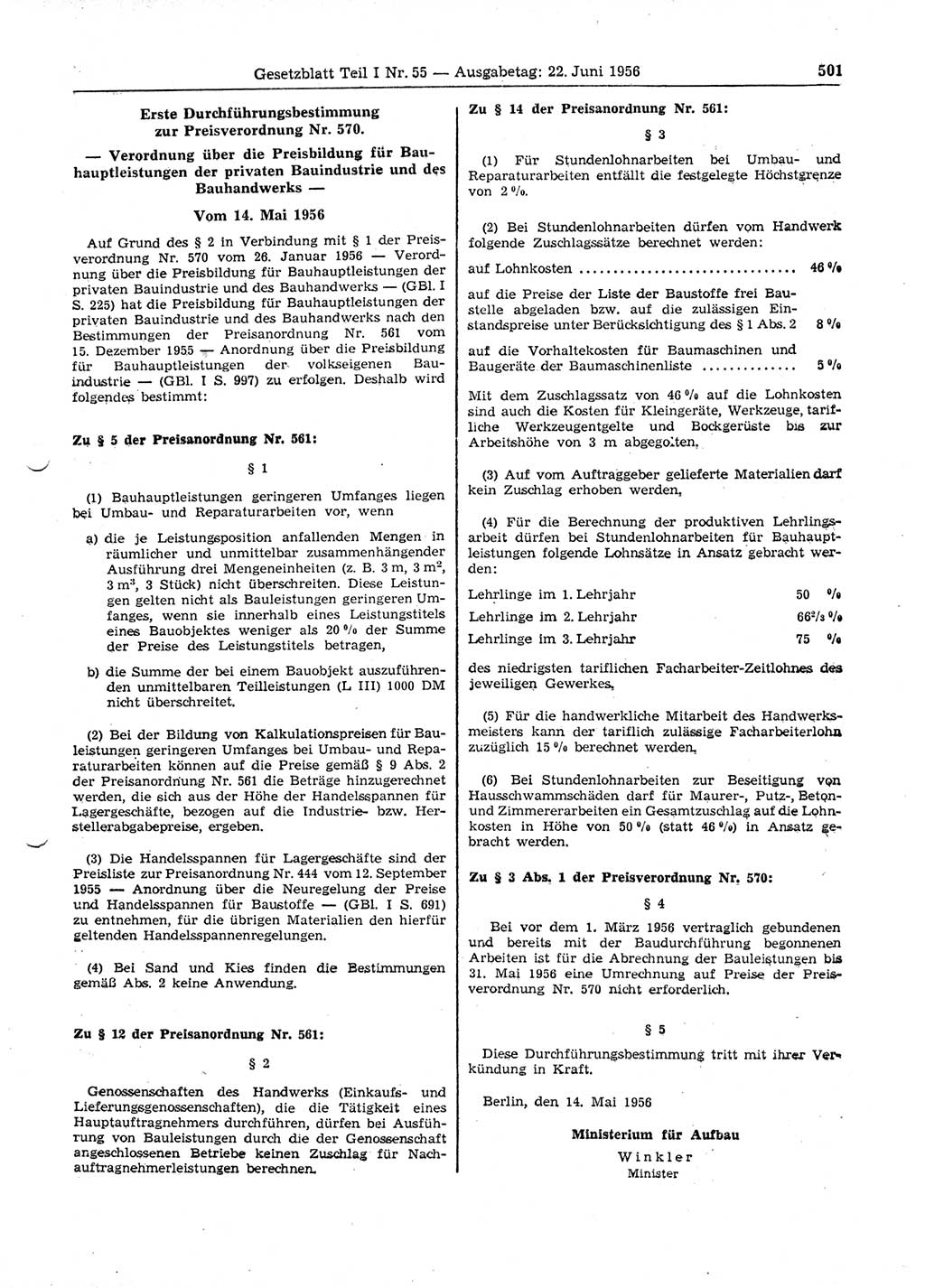 Gesetzblatt (GBl.) der Deutschen Demokratischen Republik (DDR) Teil Ⅰ 1956, Seite 501 (GBl. DDR Ⅰ 1956, S. 501)