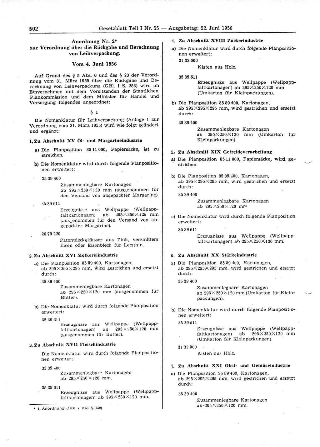 Gesetzblatt (GBl.) der Deutschen Demokratischen Republik (DDR) Teil Ⅰ 1956, Seite 502 (GBl. DDR Ⅰ 1956, S. 502)