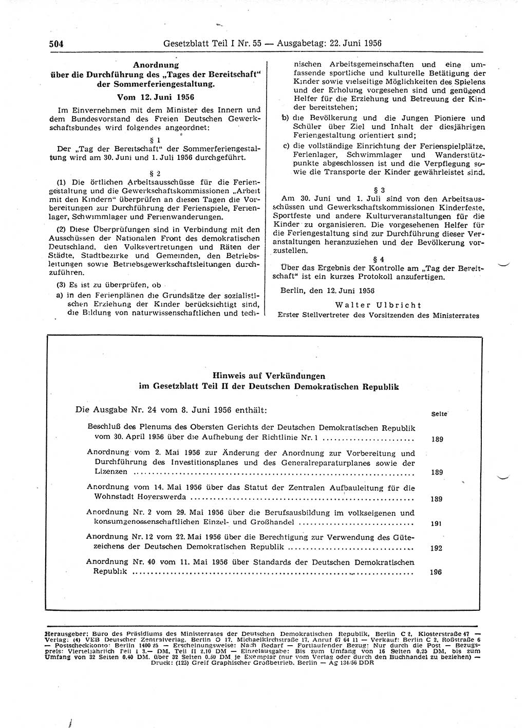 Gesetzblatt (GBl.) der Deutschen Demokratischen Republik (DDR) Teil Ⅰ 1956, Seite 504 (GBl. DDR Ⅰ 1956, S. 504)