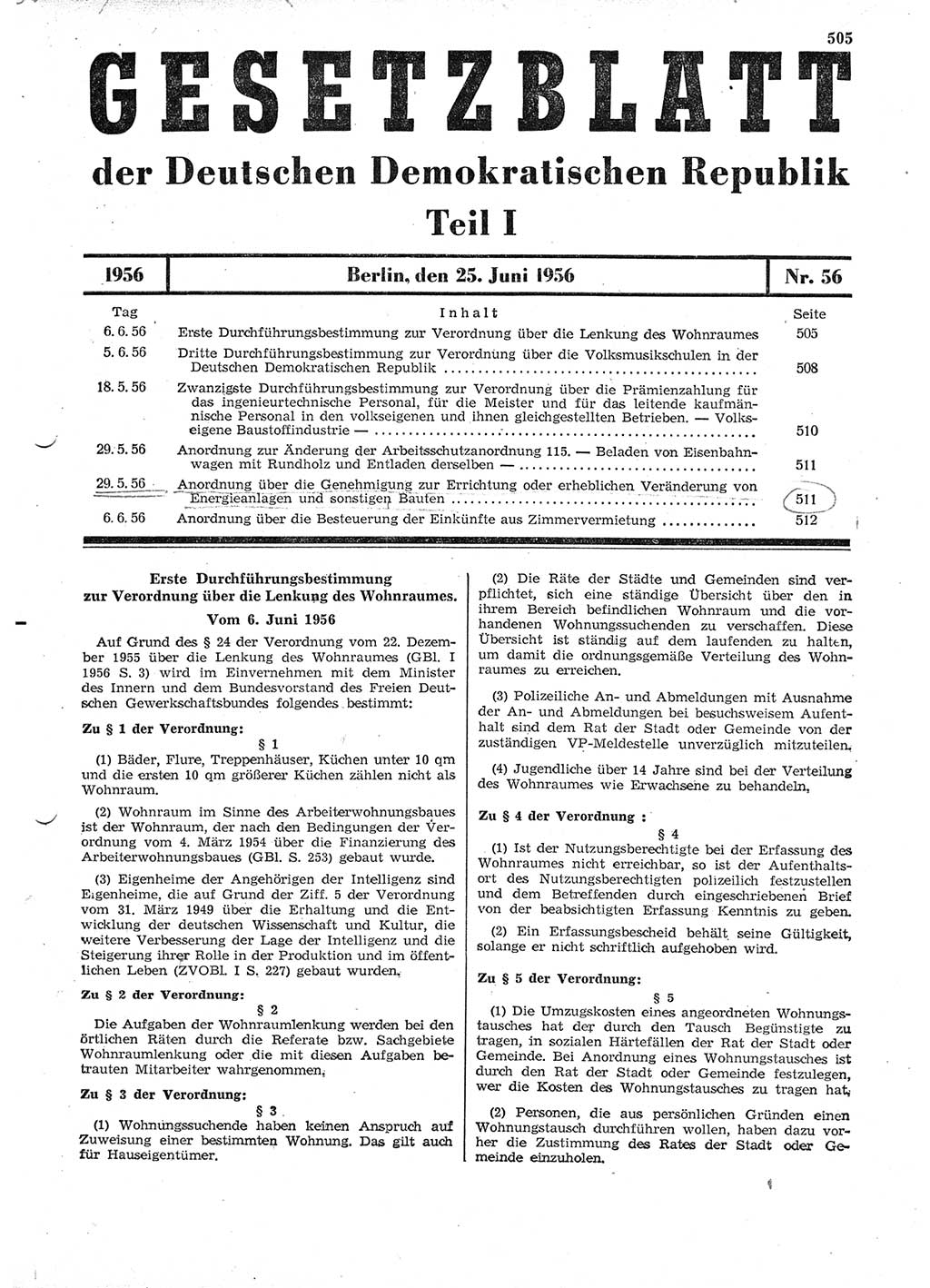 Gesetzblatt (GBl.) der Deutschen Demokratischen Republik (DDR) Teil Ⅰ 1956, Seite 505 (GBl. DDR Ⅰ 1956, S. 505)