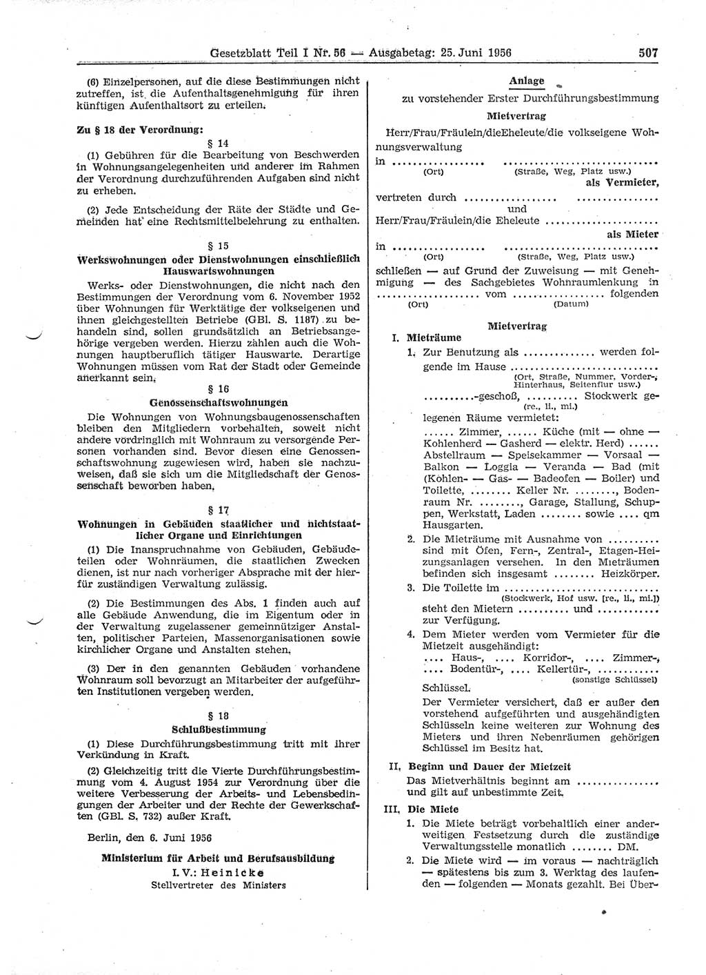 Gesetzblatt (GBl.) der Deutschen Demokratischen Republik (DDR) Teil Ⅰ 1956, Seite 507 (GBl. DDR Ⅰ 1956, S. 507)