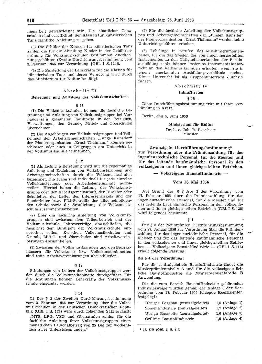 Gesetzblatt (GBl.) der Deutschen Demokratischen Republik (DDR) Teil Ⅰ 1956, Seite 510 (GBl. DDR Ⅰ 1956, S. 510)