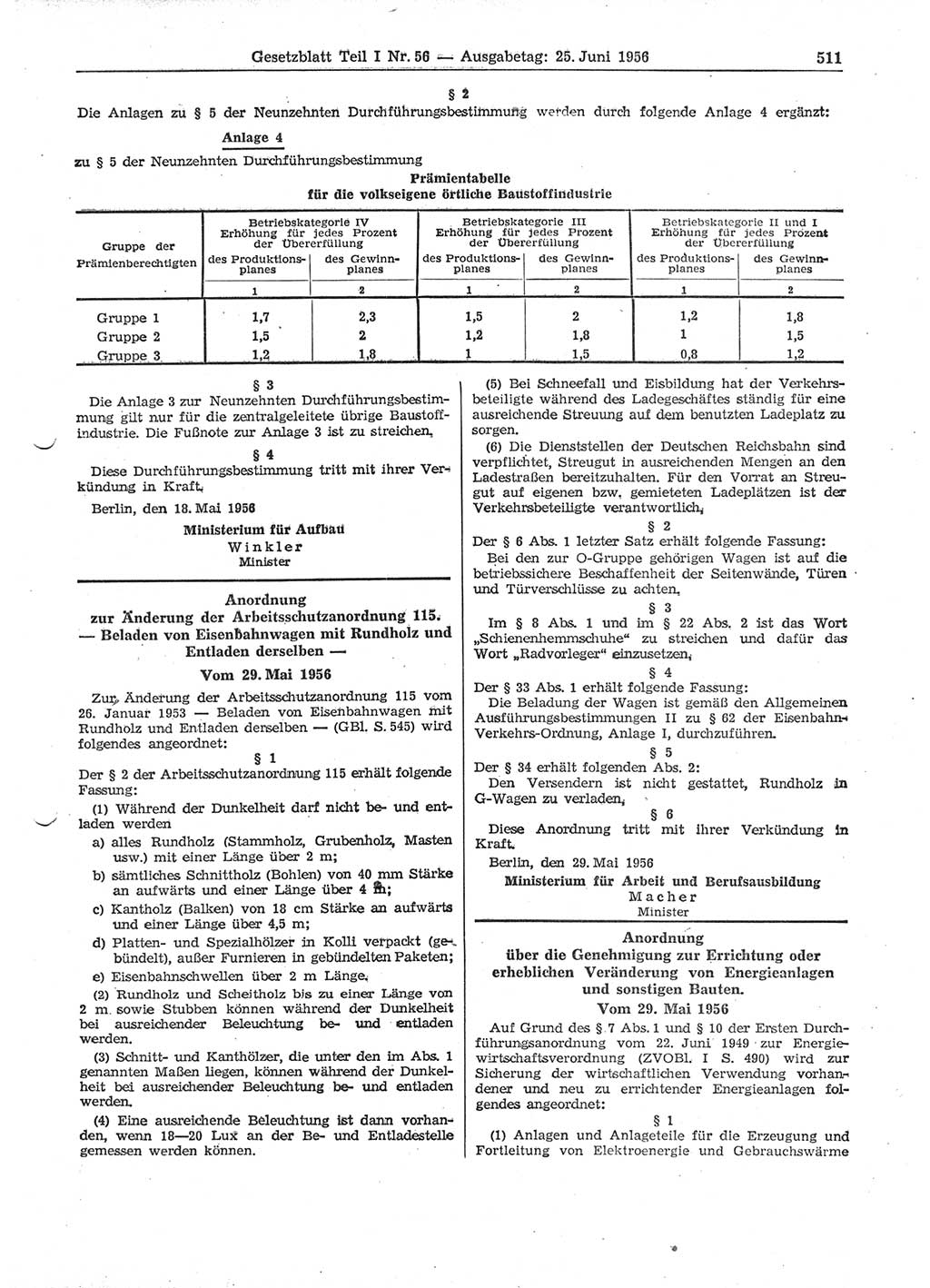 Gesetzblatt (GBl.) der Deutschen Demokratischen Republik (DDR) Teil Ⅰ 1956, Seite 511 (GBl. DDR Ⅰ 1956, S. 511)