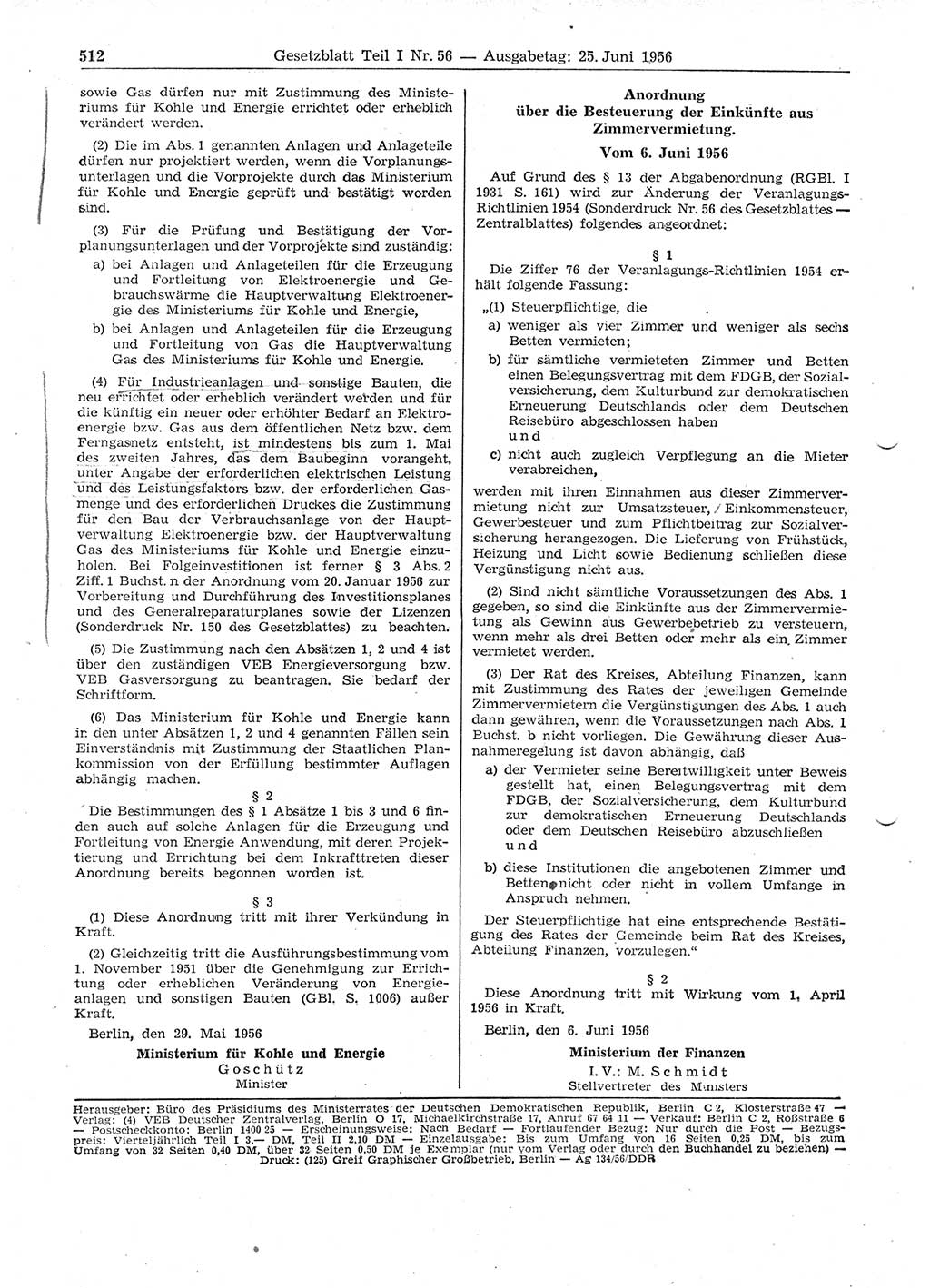 Gesetzblatt (GBl.) der Deutschen Demokratischen Republik (DDR) Teil Ⅰ 1956, Seite 512 (GBl. DDR Ⅰ 1956, S. 512)