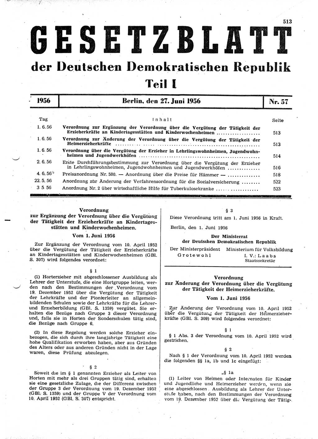 Gesetzblatt (GBl.) der Deutschen Demokratischen Republik (DDR) Teil Ⅰ 1956, Seite 513 (GBl. DDR Ⅰ 1956, S. 513)
