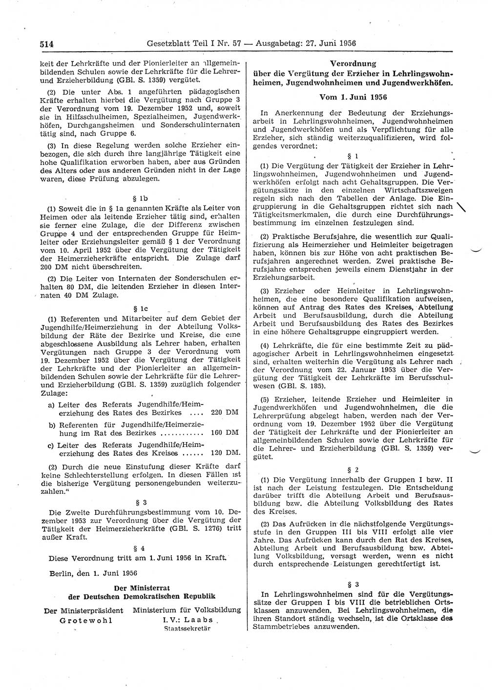Gesetzblatt (GBl.) der Deutschen Demokratischen Republik (DDR) Teil Ⅰ 1956, Seite 514 (GBl. DDR Ⅰ 1956, S. 514)