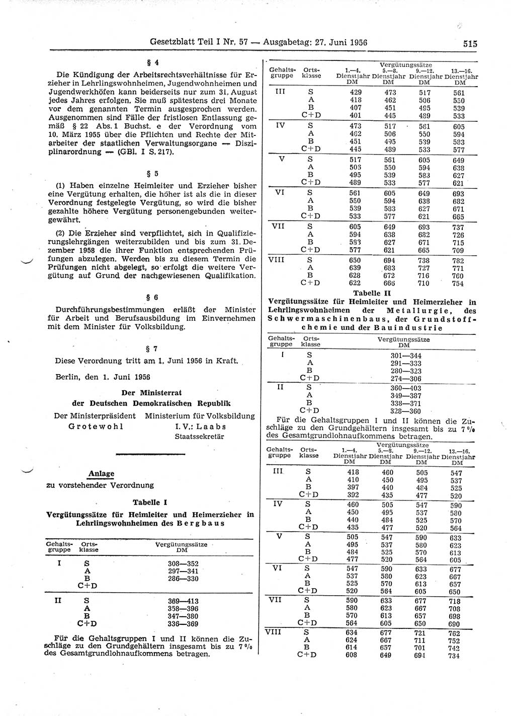 Gesetzblatt (GBl.) der Deutschen Demokratischen Republik (DDR) Teil Ⅰ 1956, Seite 515 (GBl. DDR Ⅰ 1956, S. 515)