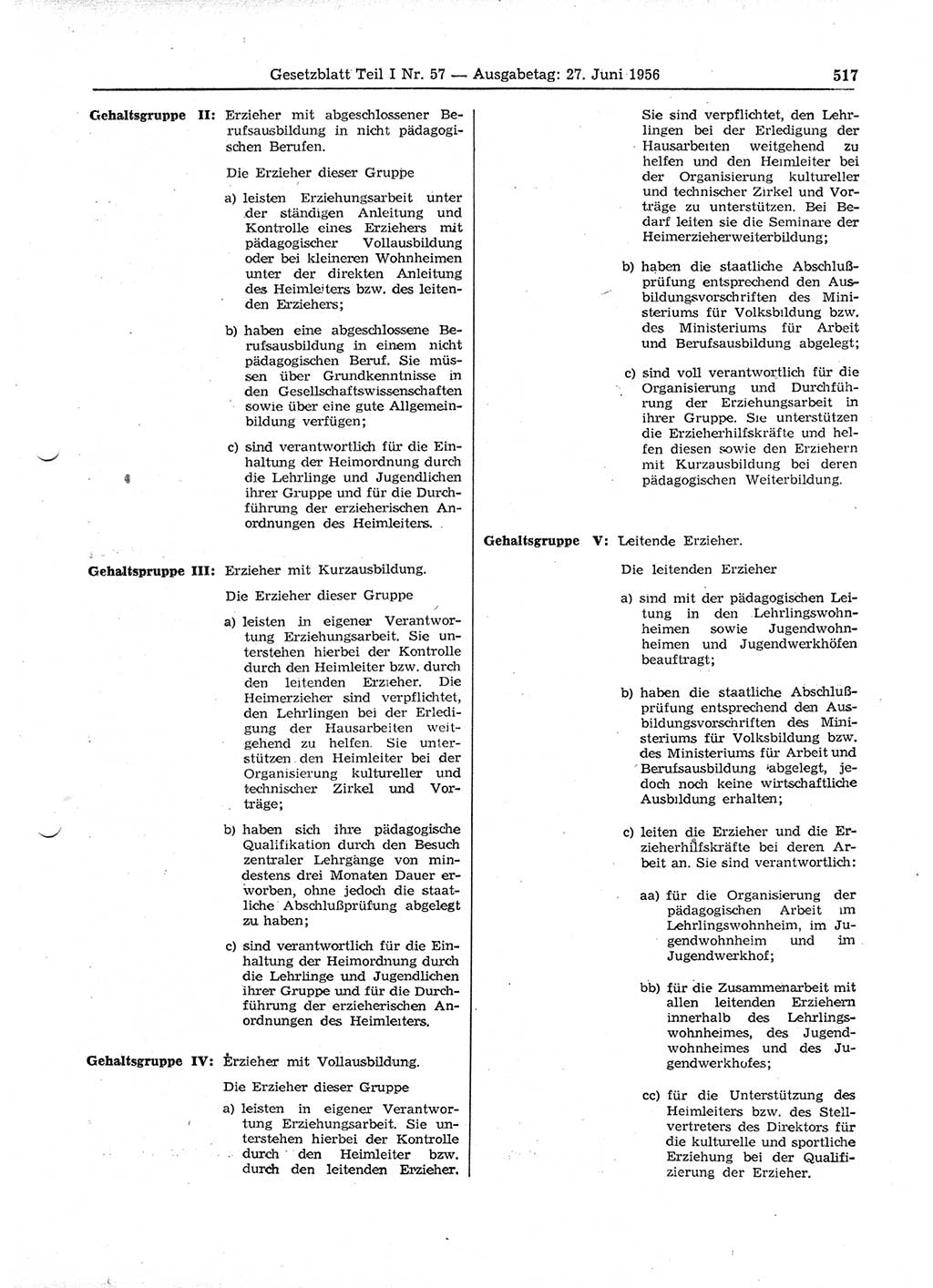 Gesetzblatt (GBl.) der Deutschen Demokratischen Republik (DDR) Teil Ⅰ 1956, Seite 517 (GBl. DDR Ⅰ 1956, S. 517)