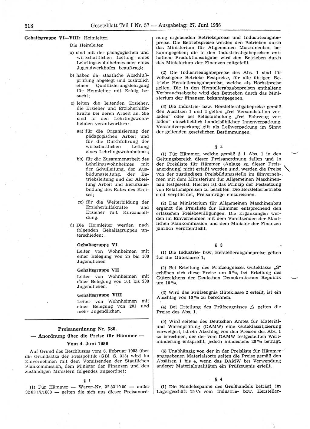 Gesetzblatt (GBl.) der Deutschen Demokratischen Republik (DDR) Teil Ⅰ 1956, Seite 518 (GBl. DDR Ⅰ 1956, S. 518)