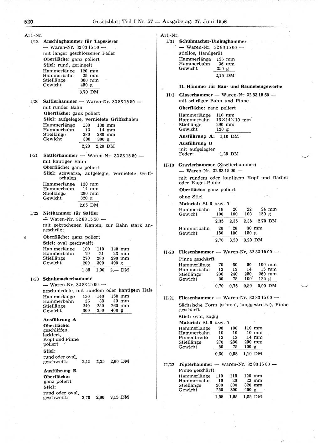 Gesetzblatt (GBl.) der Deutschen Demokratischen Republik (DDR) Teil Ⅰ 1956, Seite 520 (GBl. DDR Ⅰ 1956, S. 520)