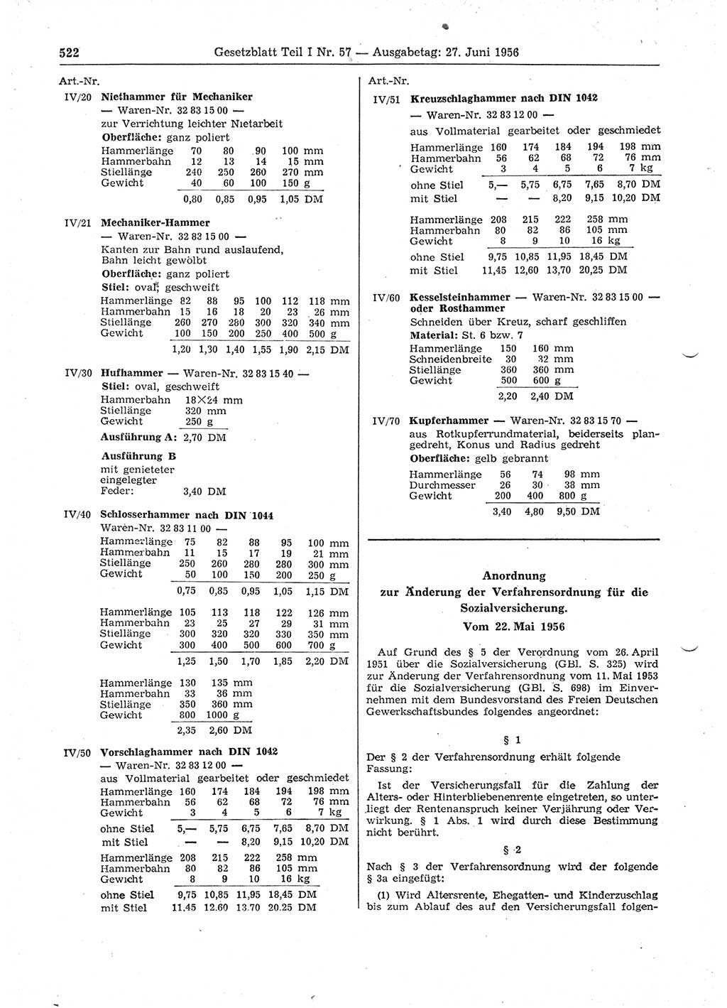 Gesetzblatt (GBl.) der Deutschen Demokratischen Republik (DDR) Teil Ⅰ 1956, Seite 522 (GBl. DDR Ⅰ 1956, S. 522)