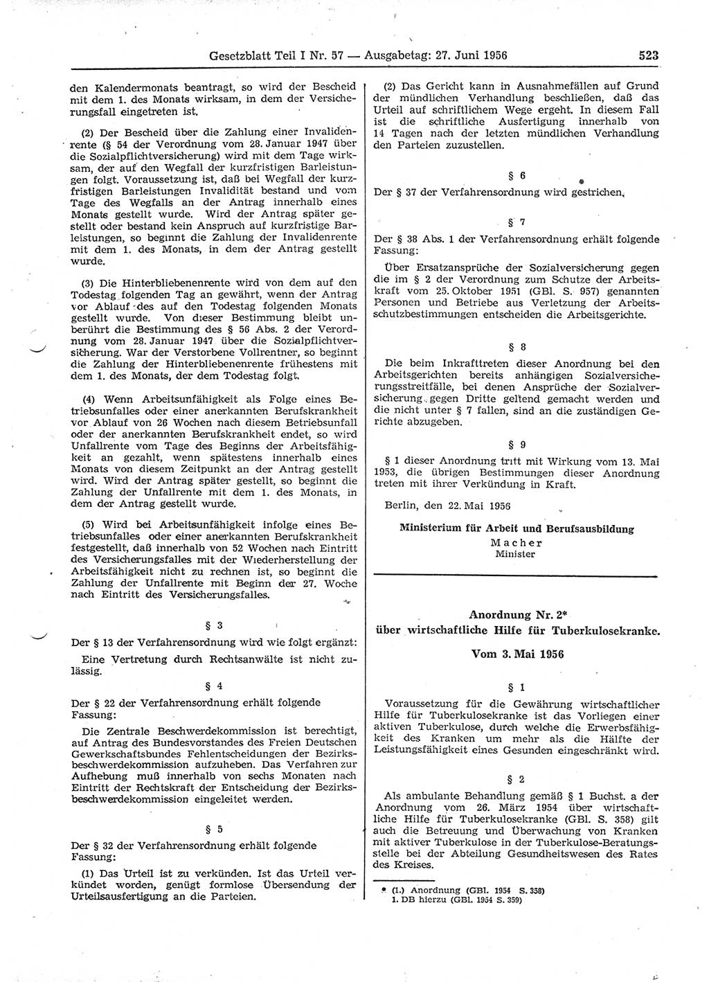 Gesetzblatt (GBl.) der Deutschen Demokratischen Republik (DDR) Teil Ⅰ 1956, Seite 523 (GBl. DDR Ⅰ 1956, S. 523)