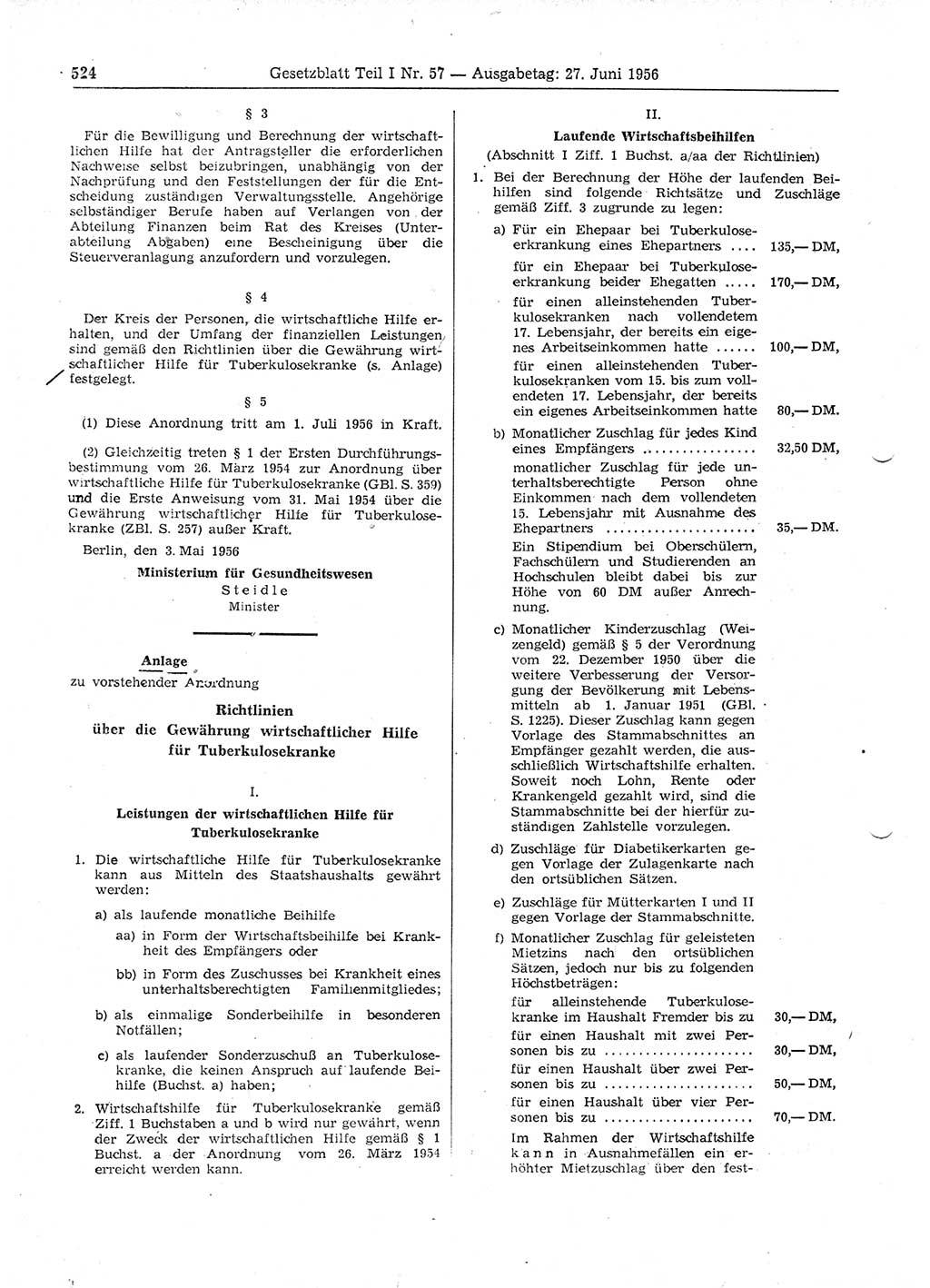 Gesetzblatt (GBl.) der Deutschen Demokratischen Republik (DDR) Teil Ⅰ 1956, Seite 524 (GBl. DDR Ⅰ 1956, S. 524)