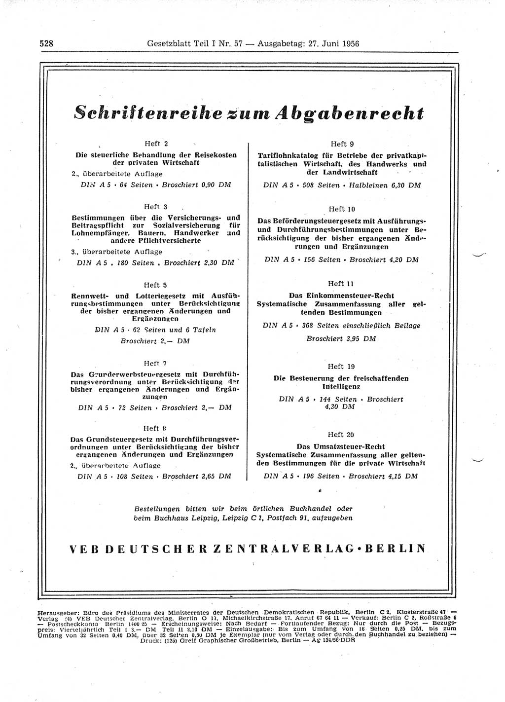 Gesetzblatt (GBl.) der Deutschen Demokratischen Republik (DDR) Teil Ⅰ 1956, Seite 528 (GBl. DDR Ⅰ 1956, S. 528)