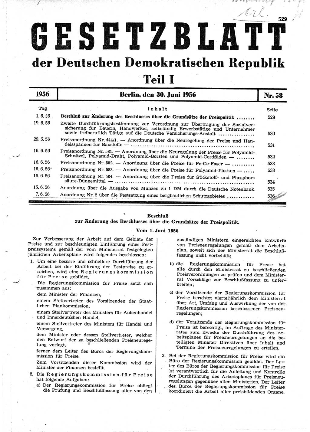 Gesetzblatt (GBl.) der Deutschen Demokratischen Republik (DDR) Teil Ⅰ 1956, Seite 529 (GBl. DDR Ⅰ 1956, S. 529)