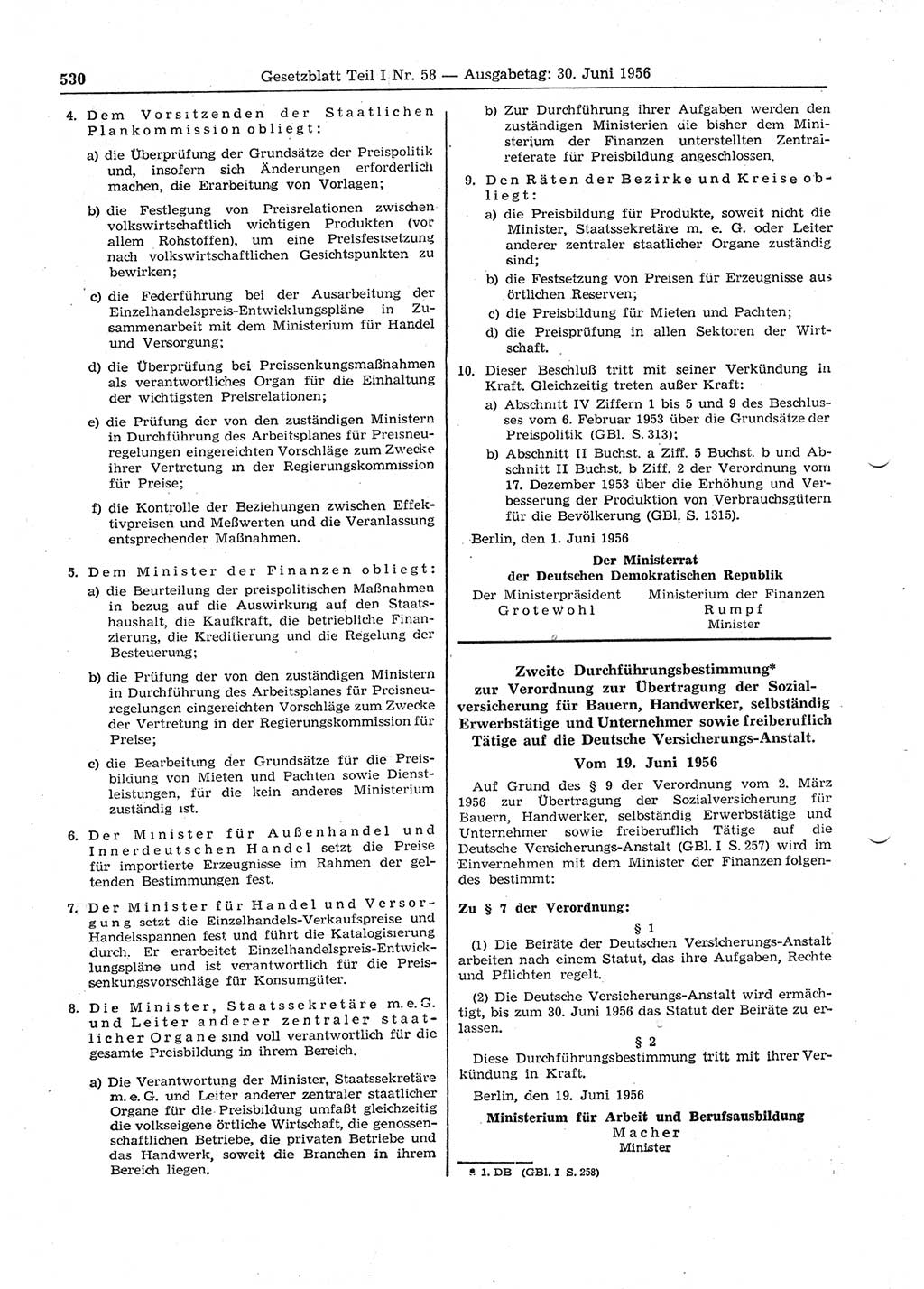 Gesetzblatt (GBl.) der Deutschen Demokratischen Republik (DDR) Teil Ⅰ 1956, Seite 530 (GBl. DDR Ⅰ 1956, S. 530)