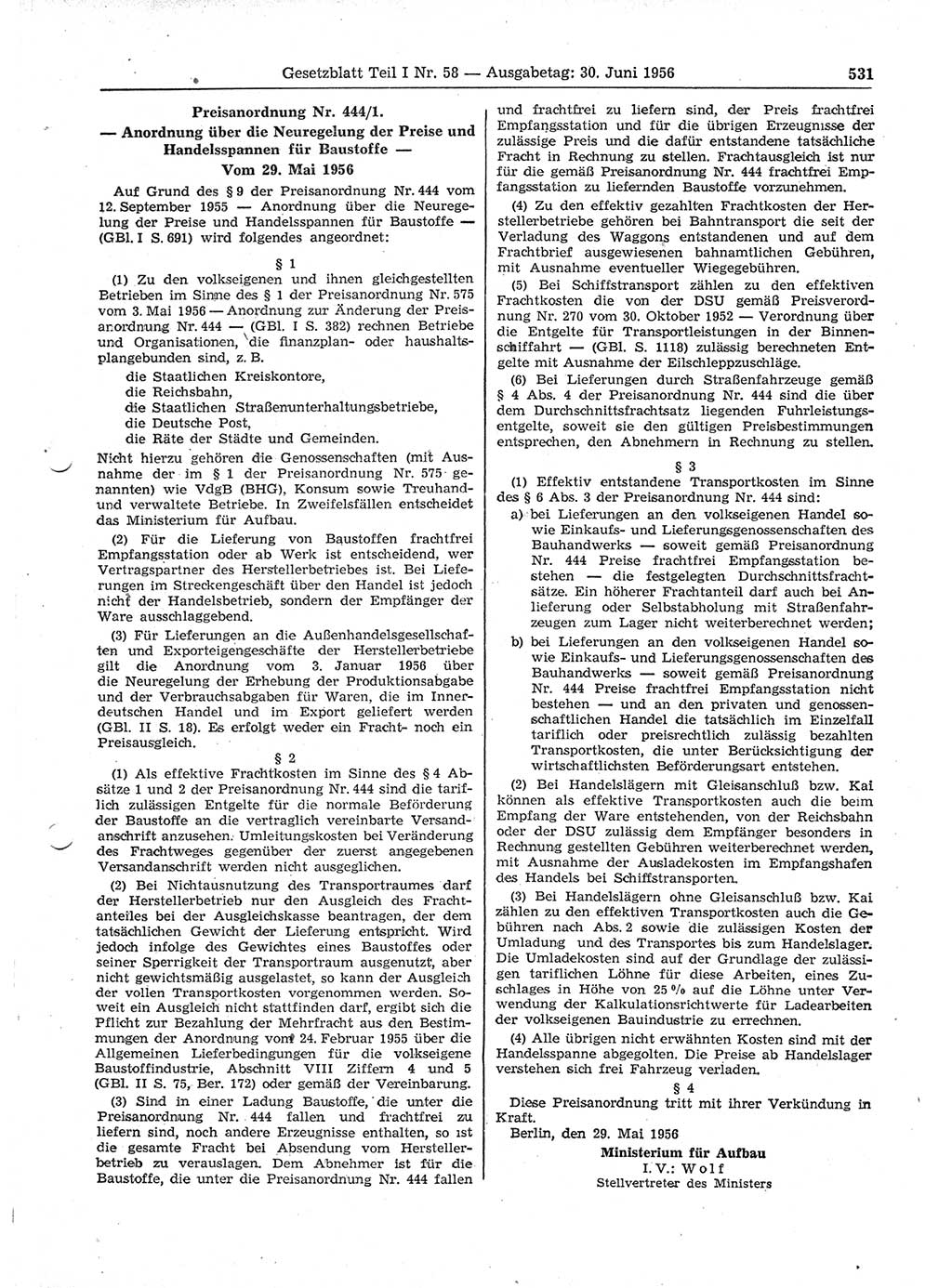 Gesetzblatt (GBl.) der Deutschen Demokratischen Republik (DDR) Teil Ⅰ 1956, Seite 531 (GBl. DDR Ⅰ 1956, S. 531)