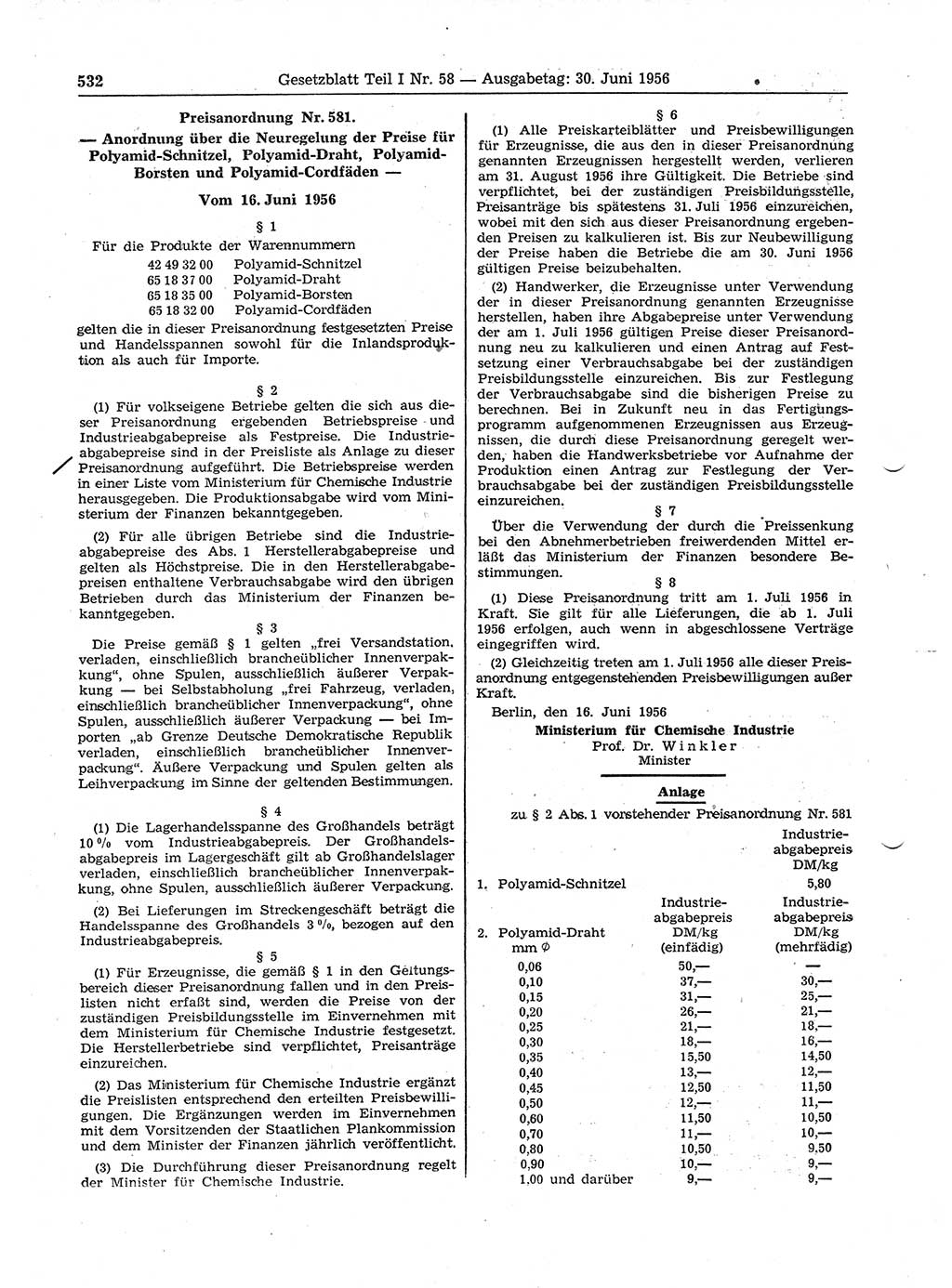 Gesetzblatt (GBl.) der Deutschen Demokratischen Republik (DDR) Teil Ⅰ 1956, Seite 532 (GBl. DDR Ⅰ 1956, S. 532)