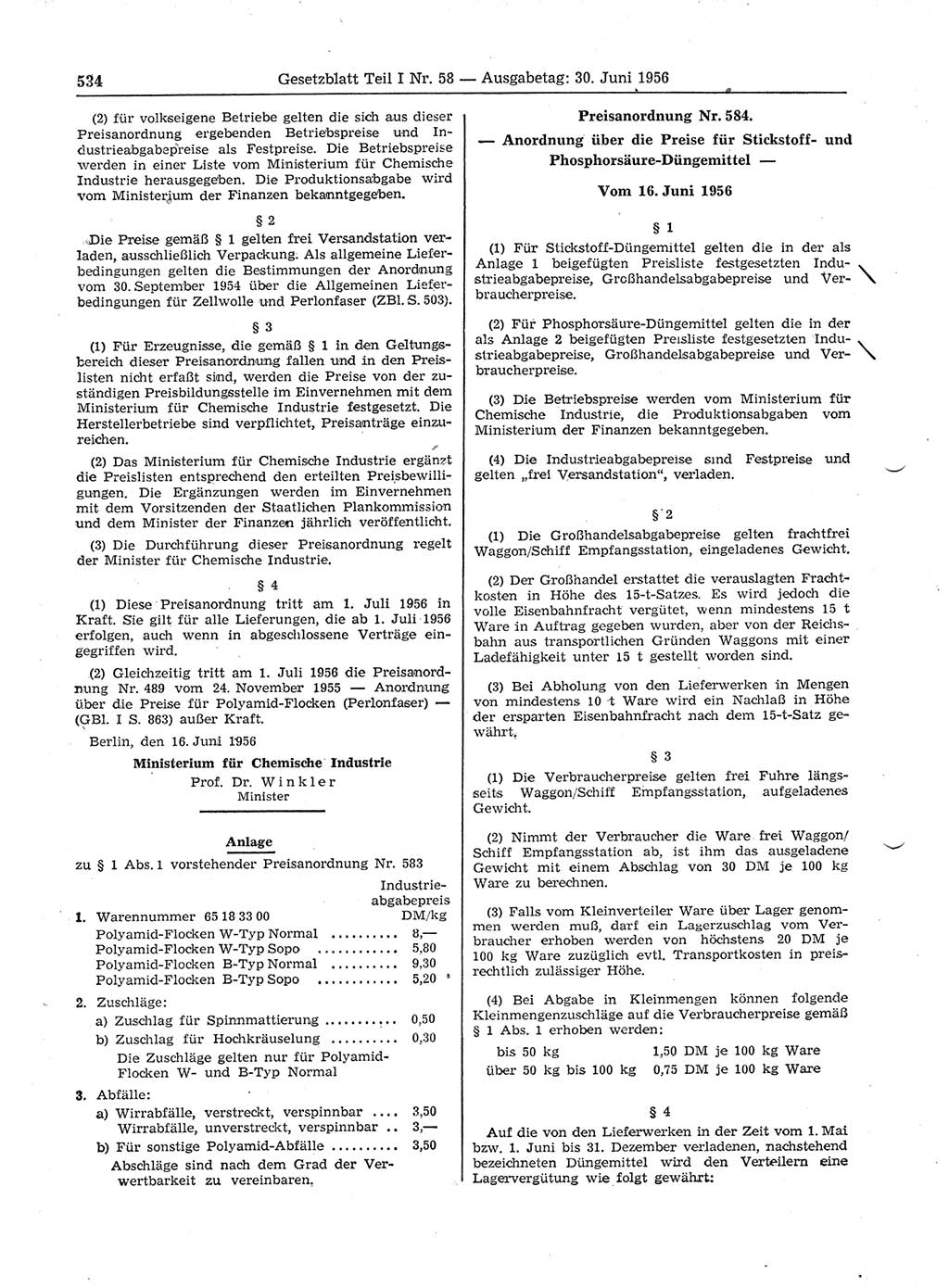 Gesetzblatt (GBl.) der Deutschen Demokratischen Republik (DDR) Teil Ⅰ 1956, Seite 534 (GBl. DDR Ⅰ 1956, S. 534)