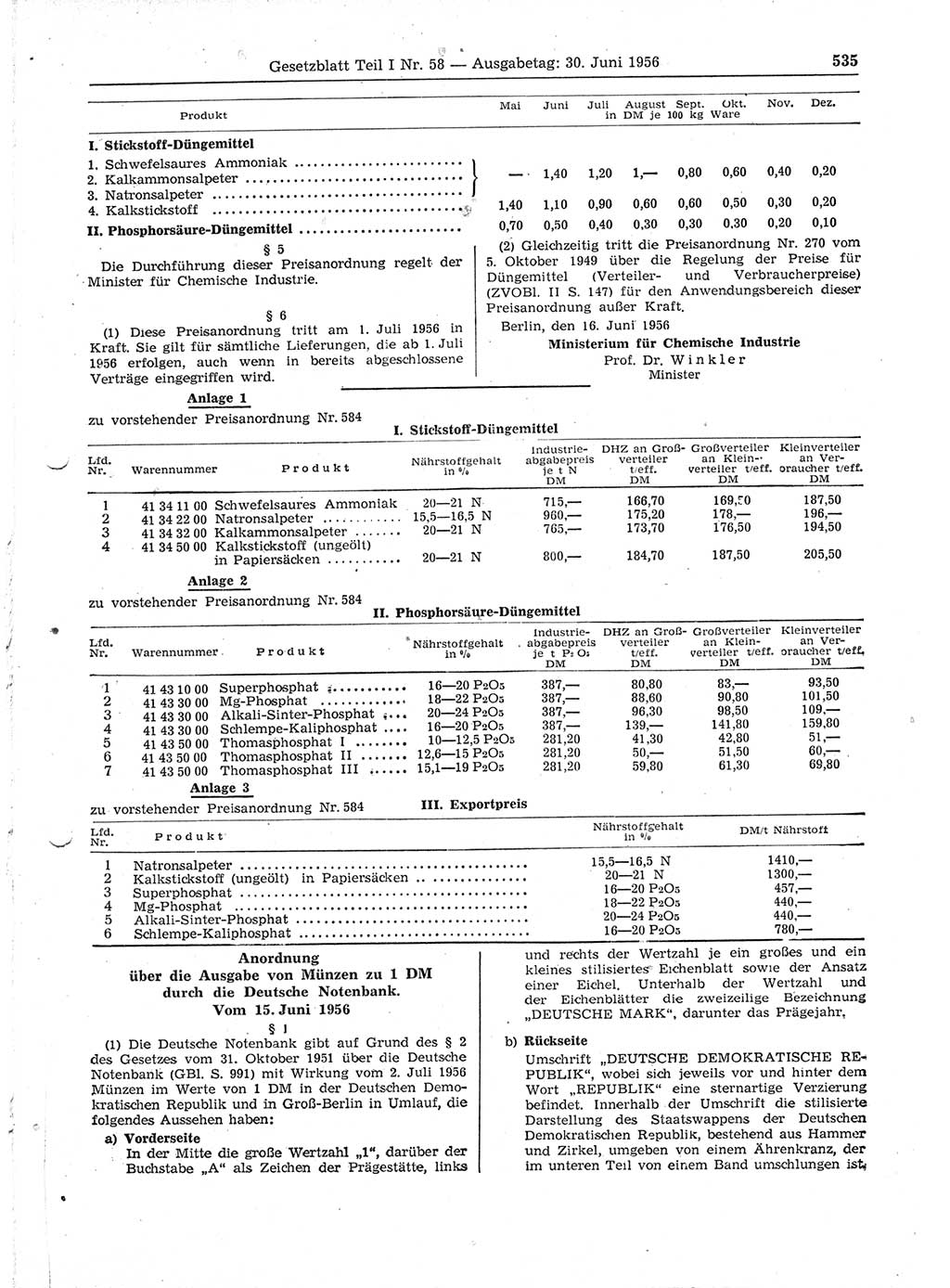 Gesetzblatt (GBl.) der Deutschen Demokratischen Republik (DDR) Teil Ⅰ 1956, Seite 535 (GBl. DDR Ⅰ 1956, S. 535)