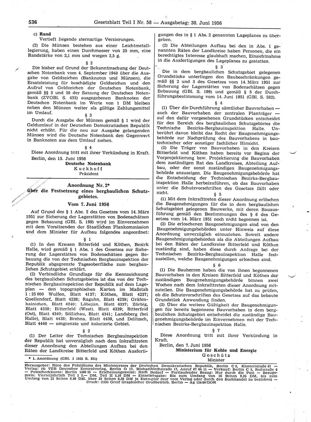 Gesetzblatt (GBl.) der Deutschen Demokratischen Republik (DDR) Teil Ⅰ 1956, Seite 536 (GBl. DDR Ⅰ 1956, S. 536)