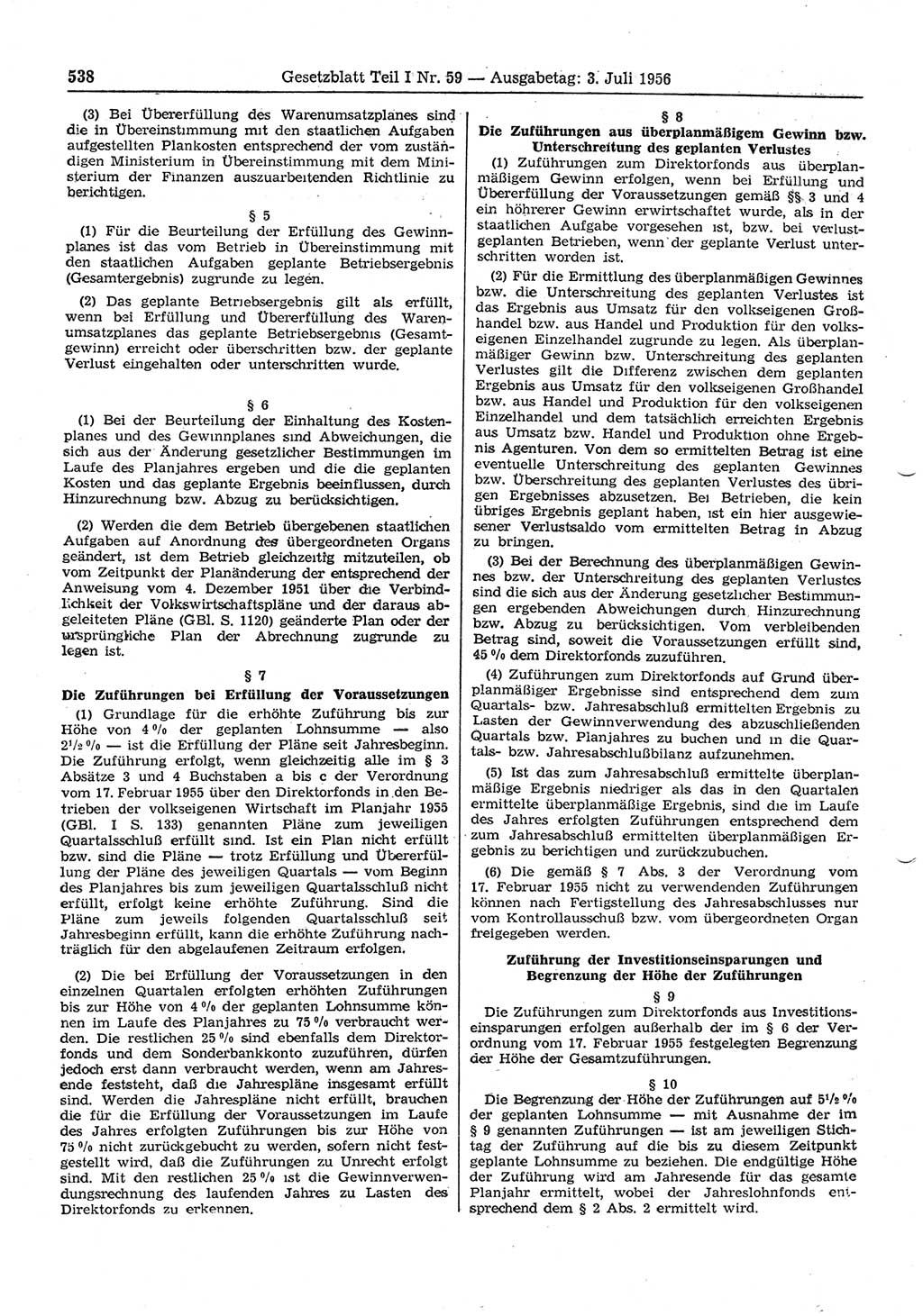 Gesetzblatt (GBl.) der Deutschen Demokratischen Republik (DDR) Teil Ⅰ 1956, Seite 538 (GBl. DDR Ⅰ 1956, S. 538)