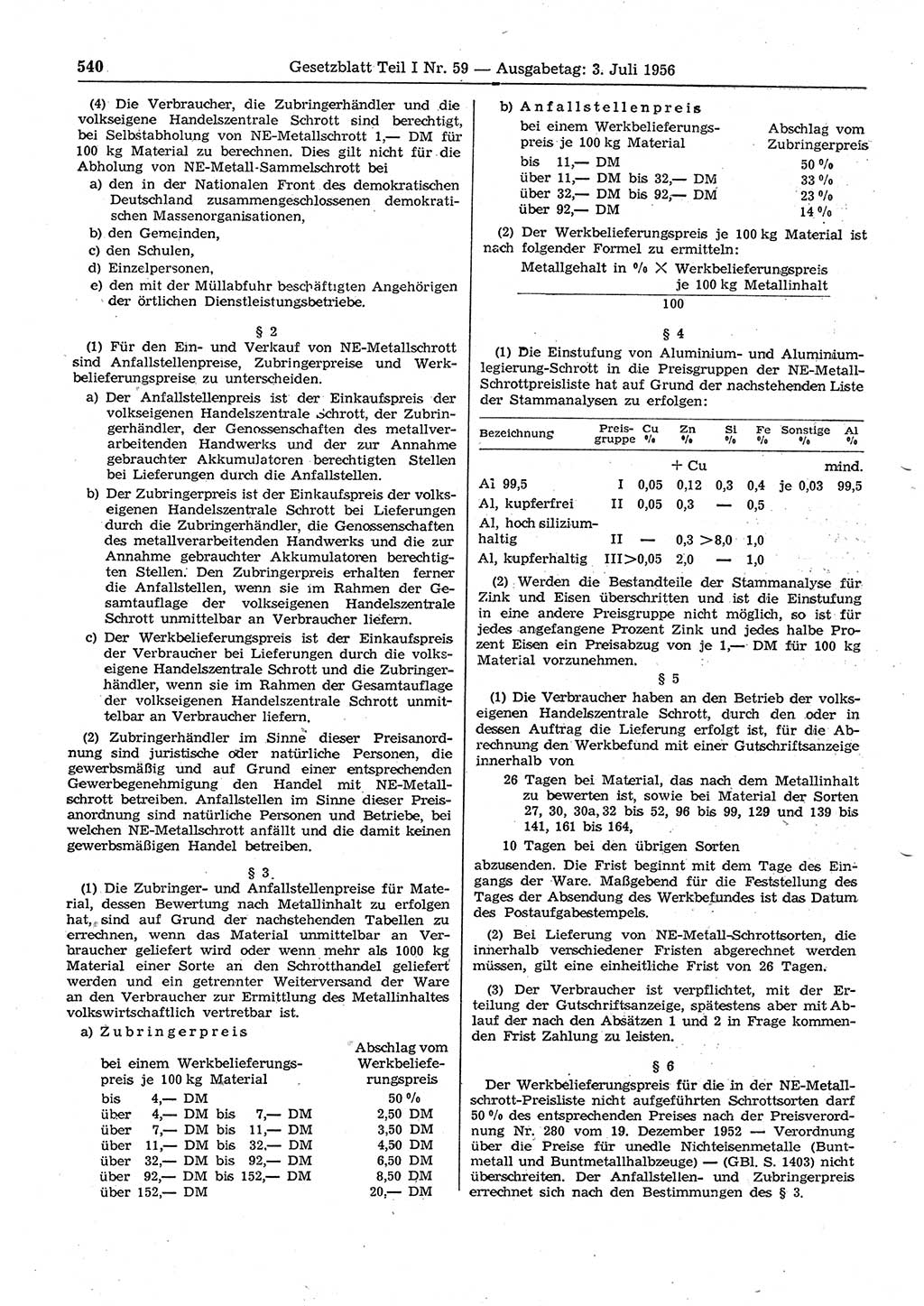 Gesetzblatt (GBl.) der Deutschen Demokratischen Republik (DDR) Teil Ⅰ 1956, Seite 540 (GBl. DDR Ⅰ 1956, S. 540)