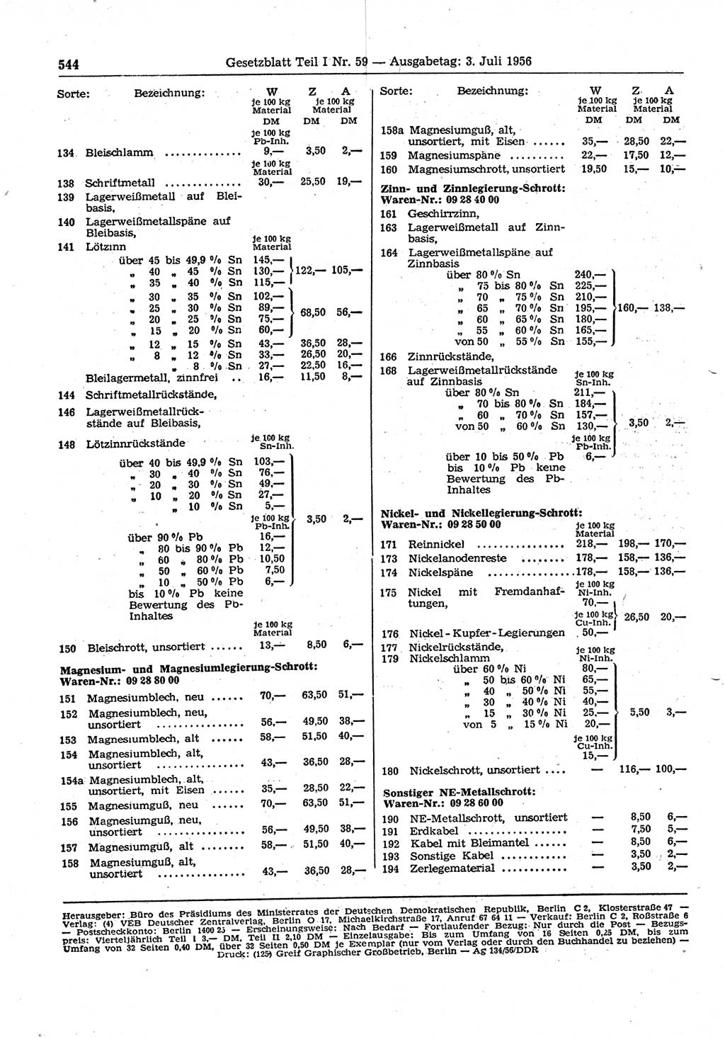 Gesetzblatt (GBl.) der Deutschen Demokratischen Republik (DDR) Teil Ⅰ 1956, Seite 544 (GBl. DDR Ⅰ 1956, S. 544)