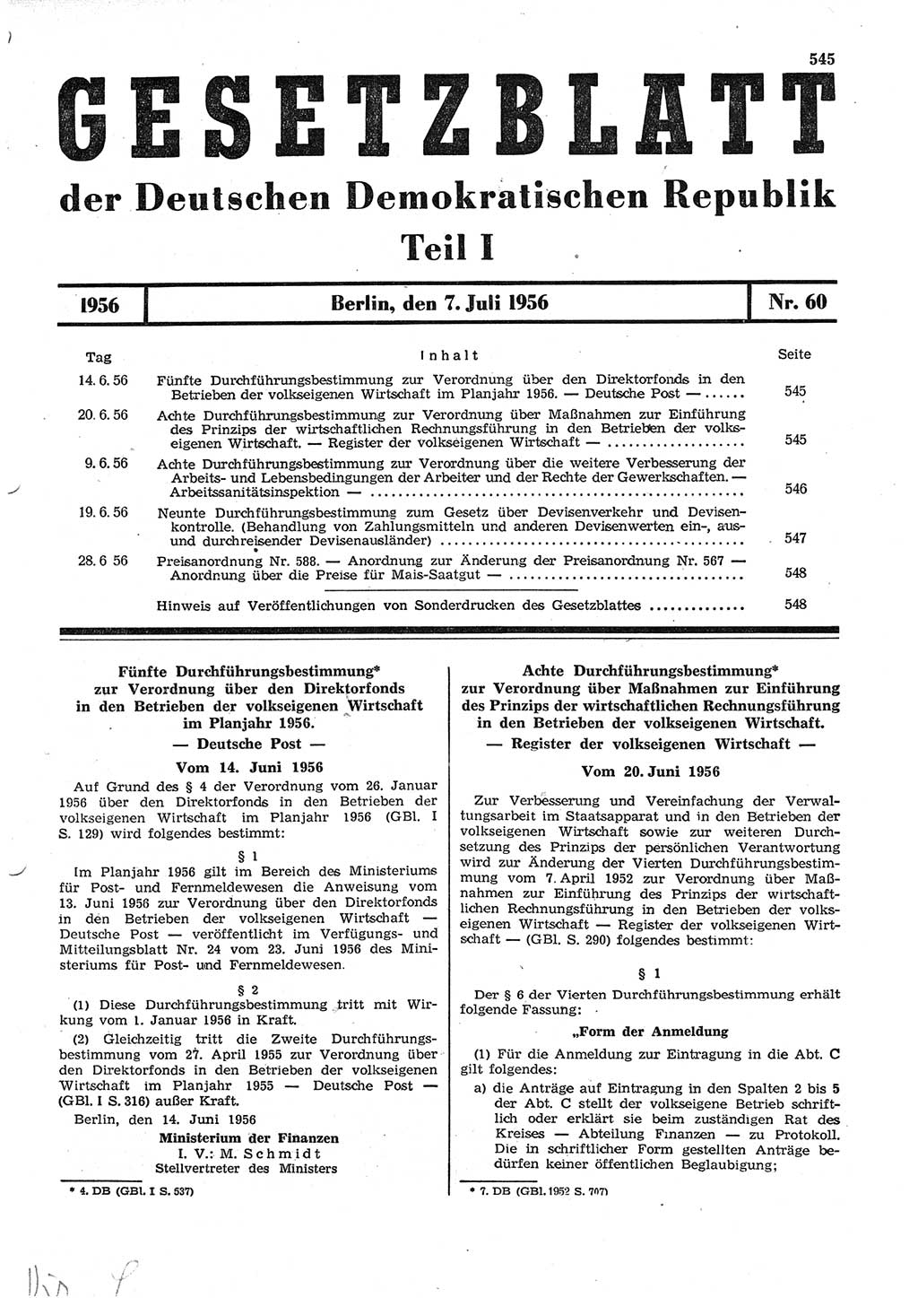 Gesetzblatt (GBl.) der Deutschen Demokratischen Republik (DDR) Teil Ⅰ 1956, Seite 545 (GBl. DDR Ⅰ 1956, S. 545)
