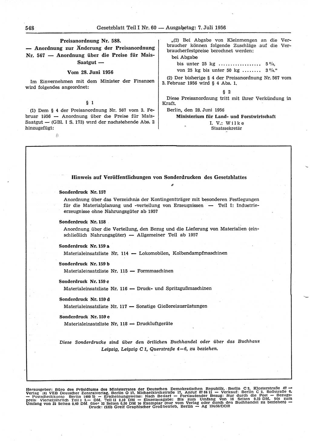 Gesetzblatt (GBl.) der Deutschen Demokratischen Republik (DDR) Teil Ⅰ 1956, Seite 548 (GBl. DDR Ⅰ 1956, S. 548)