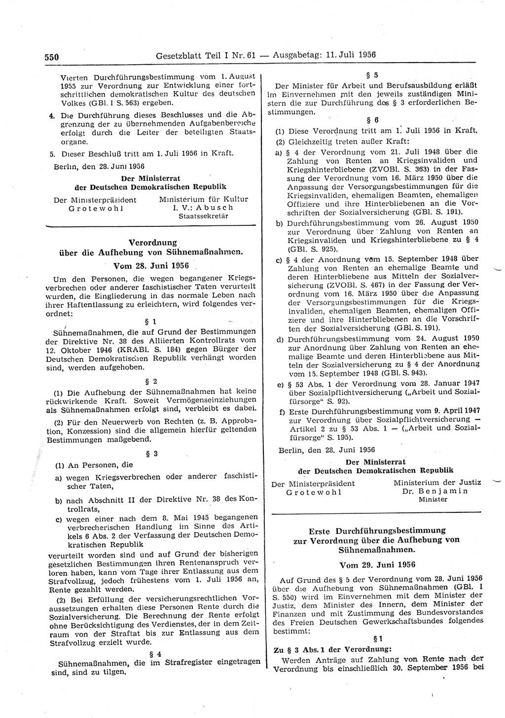 Gesetzblatt (GBl.) der Deutschen Demokratischen Republik (DDR) Teil Ⅰ 1956, Seite 550 (GBl. DDR Ⅰ 1956, S. 550)