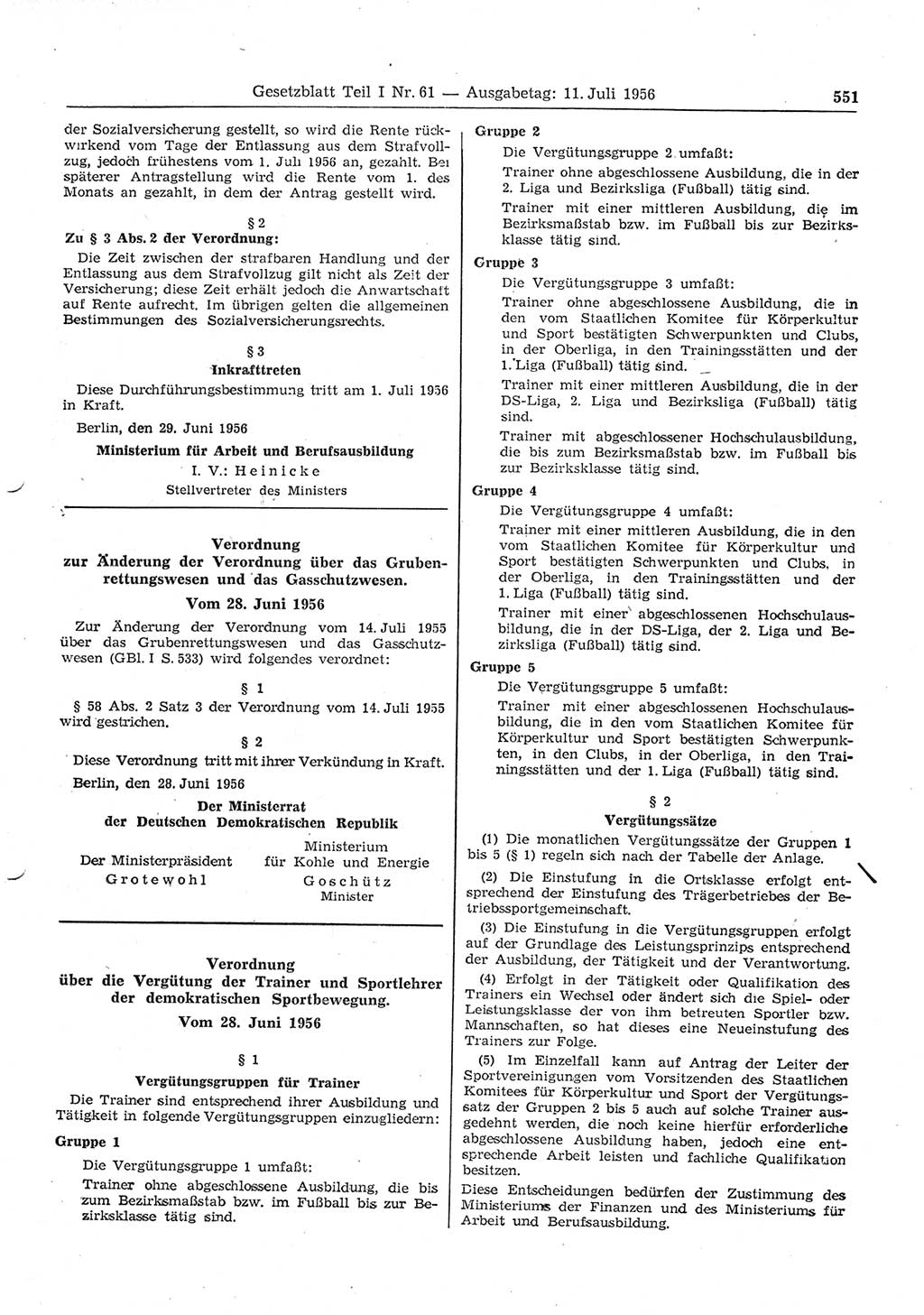 Gesetzblatt (GBl.) der Deutschen Demokratischen Republik (DDR) Teil Ⅰ 1956, Seite 551 (GBl. DDR Ⅰ 1956, S. 551)