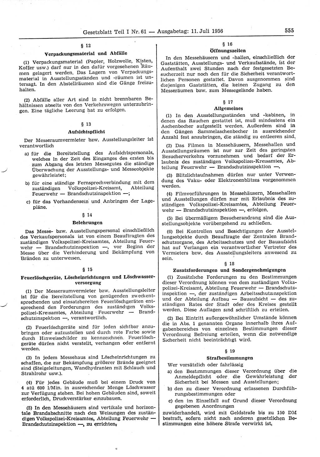 Gesetzblatt (GBl.) der Deutschen Demokratischen Republik (DDR) Teil Ⅰ 1956, Seite 555 (GBl. DDR Ⅰ 1956, S. 555)