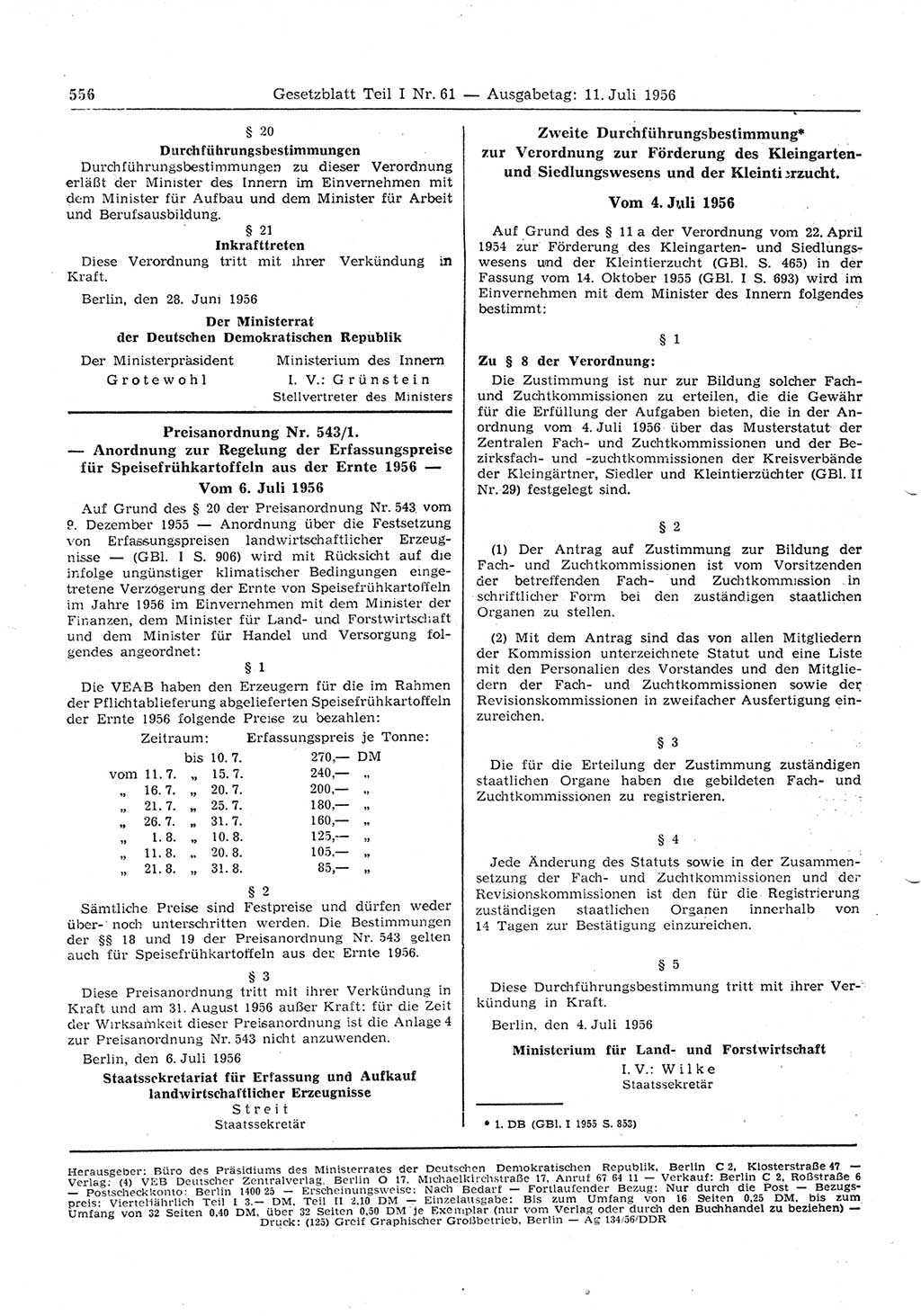 Gesetzblatt (GBl.) der Deutschen Demokratischen Republik (DDR) Teil Ⅰ 1956, Seite 556 (GBl. DDR Ⅰ 1956, S. 556)