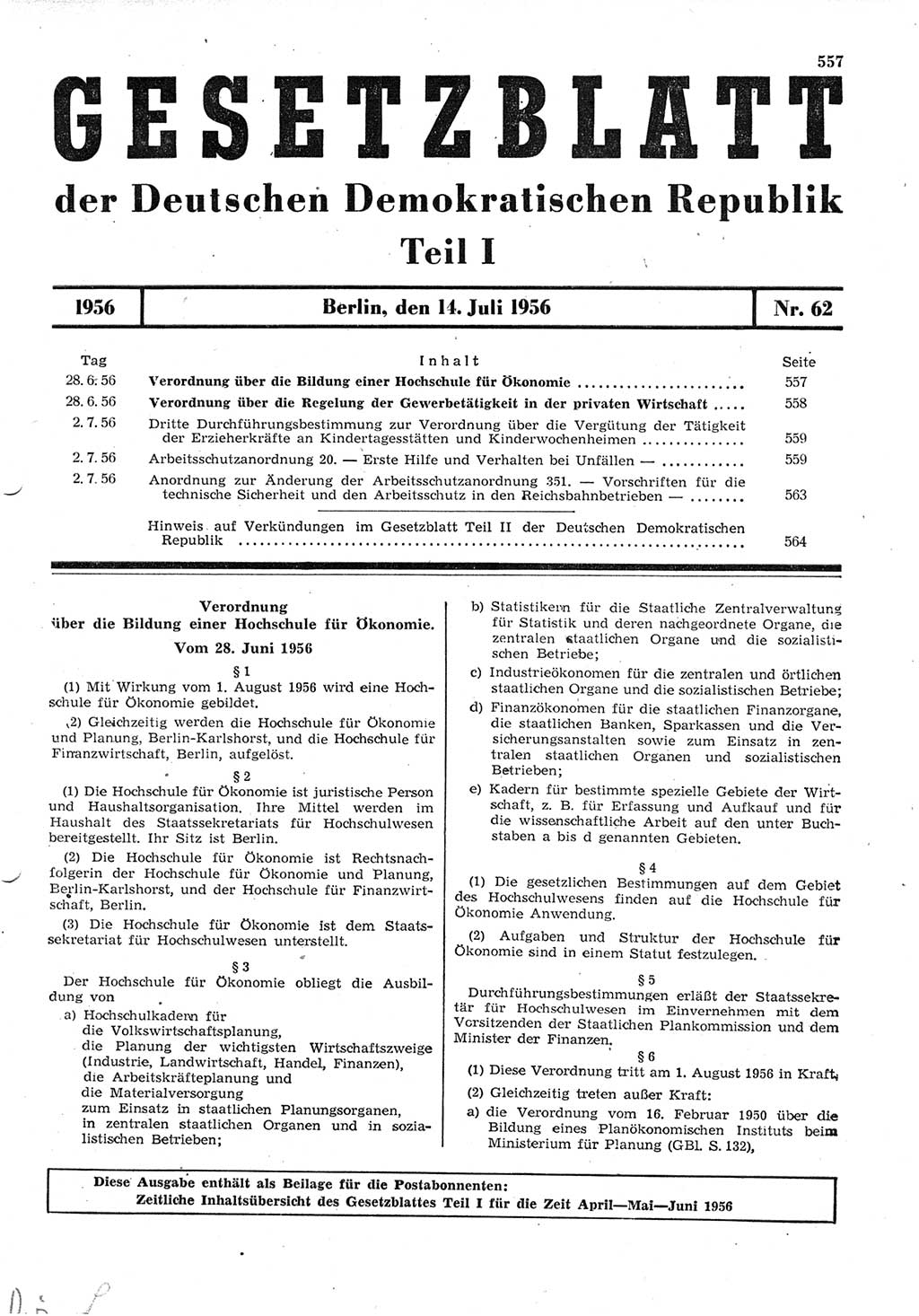 Gesetzblatt (GBl.) der Deutschen Demokratischen Republik (DDR) Teil Ⅰ 1956, Seite 557 (GBl. DDR Ⅰ 1956, S. 557)