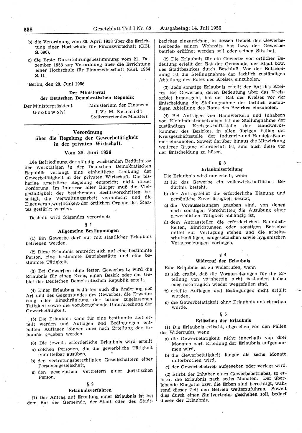 Gesetzblatt (GBl.) der Deutschen Demokratischen Republik (DDR) Teil Ⅰ 1956, Seite 558 (GBl. DDR Ⅰ 1956, S. 558)